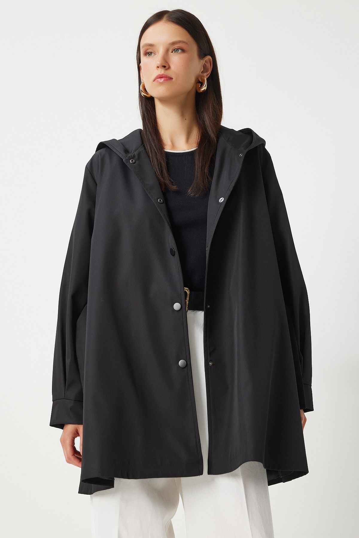WOMEN'S Black Hooded Born Short Trench Coat DD01335