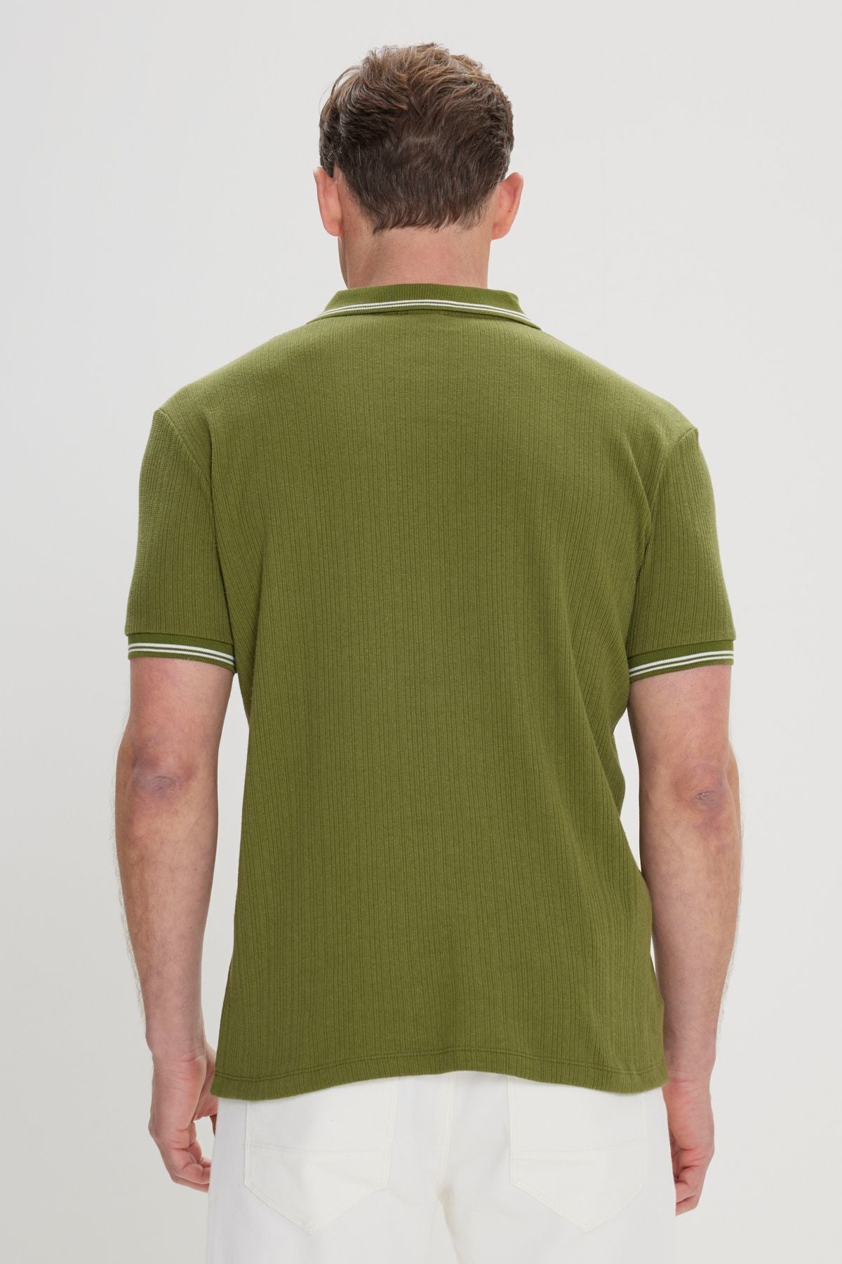 Men's Khaki-Ekru standard Fit Normal Cutter Cotton striped Polo Yaka T-shirt
