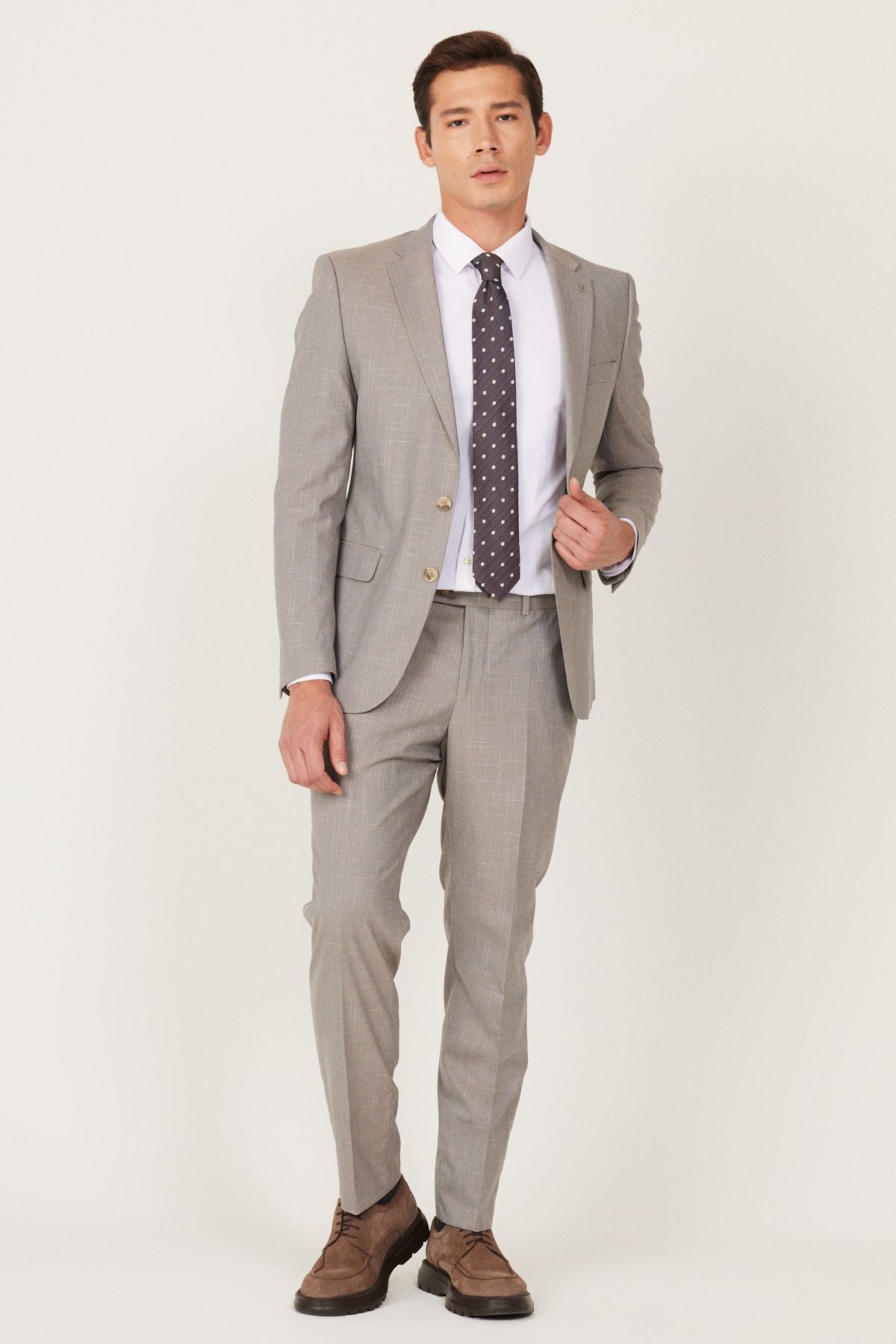 Men's Beige Extra Slim Fit Narn Cut Mono Neck Patterned Suit Suit