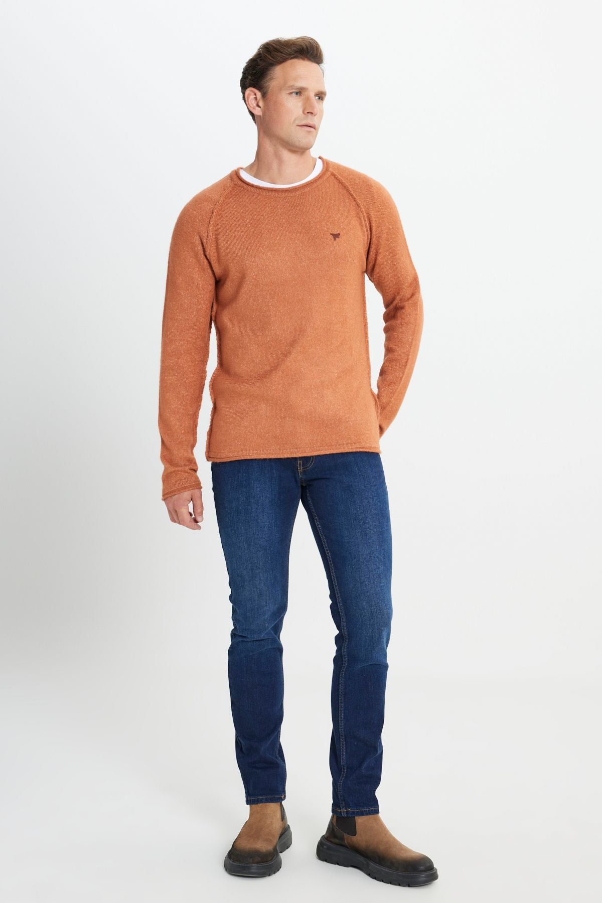 Men's Cinnamon Standard Fit Normal Cut Bicycle Collar Soft textured knitwear sweater