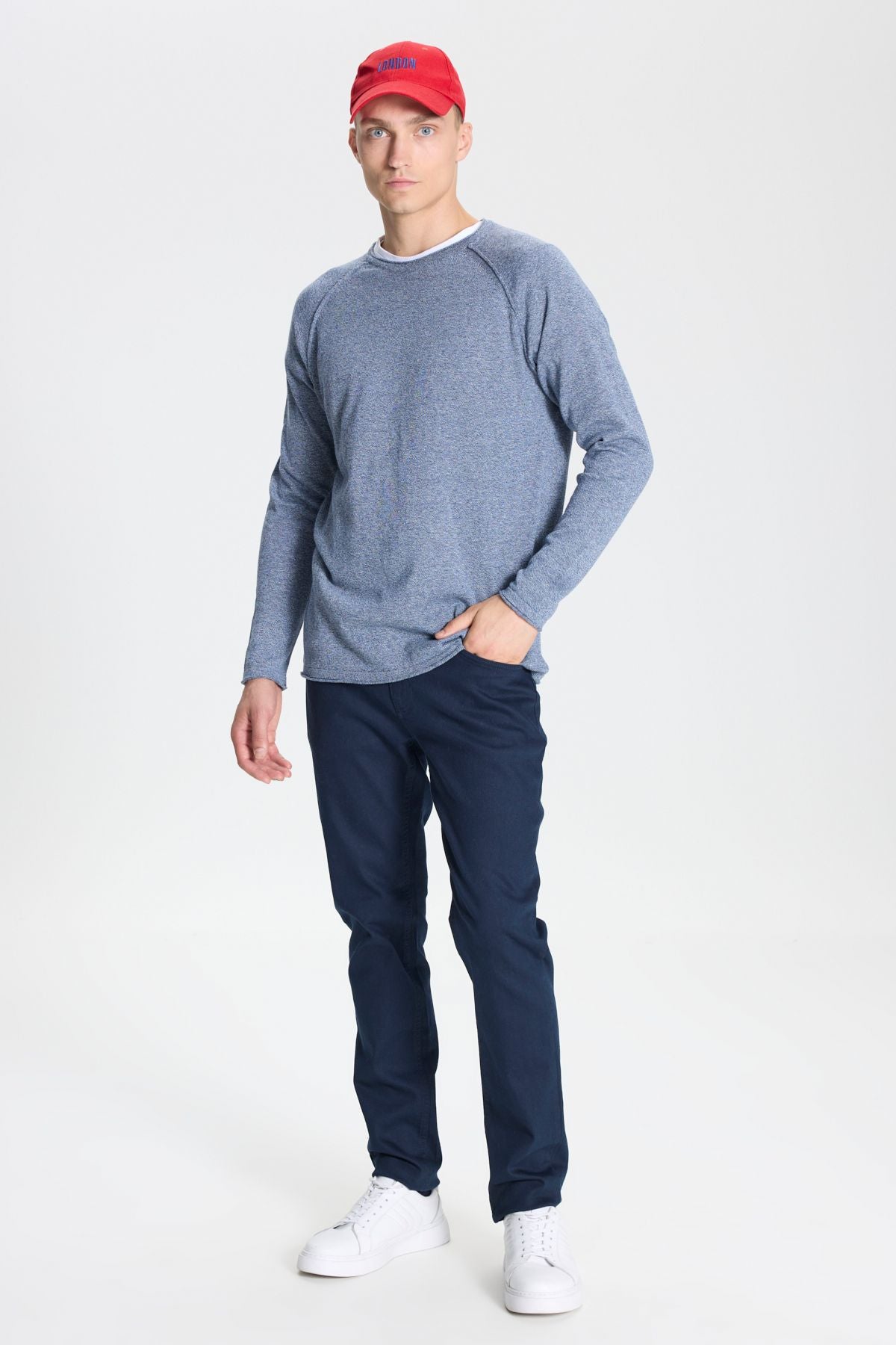 Men's Indigo-Ekru Standard Fit Normal Normal Class Bike Cotton Muline Patterned Knitwear Kazakh