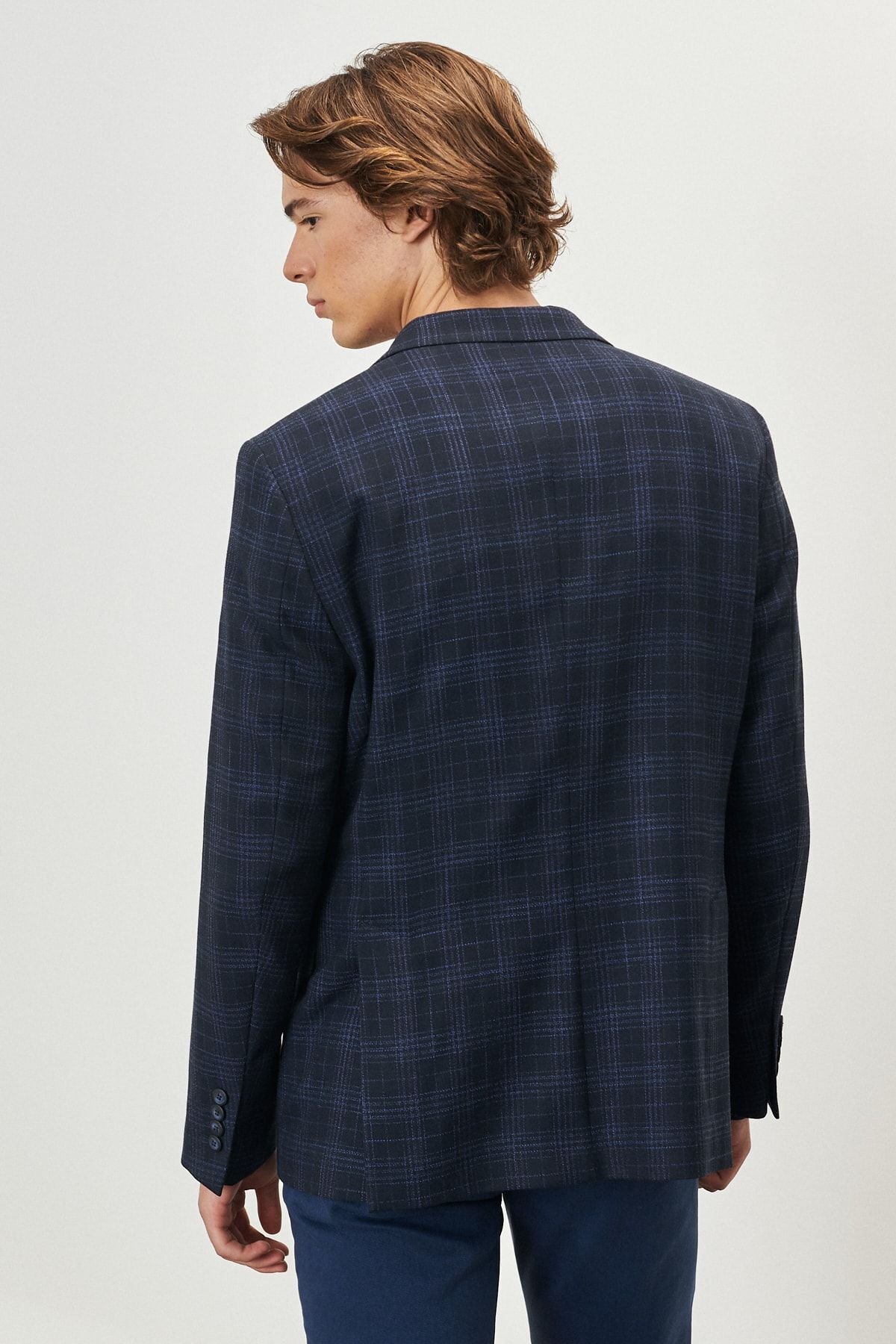 Men's navy blue slim fit narrow cutting mono collar plaid patterned blazer jacket