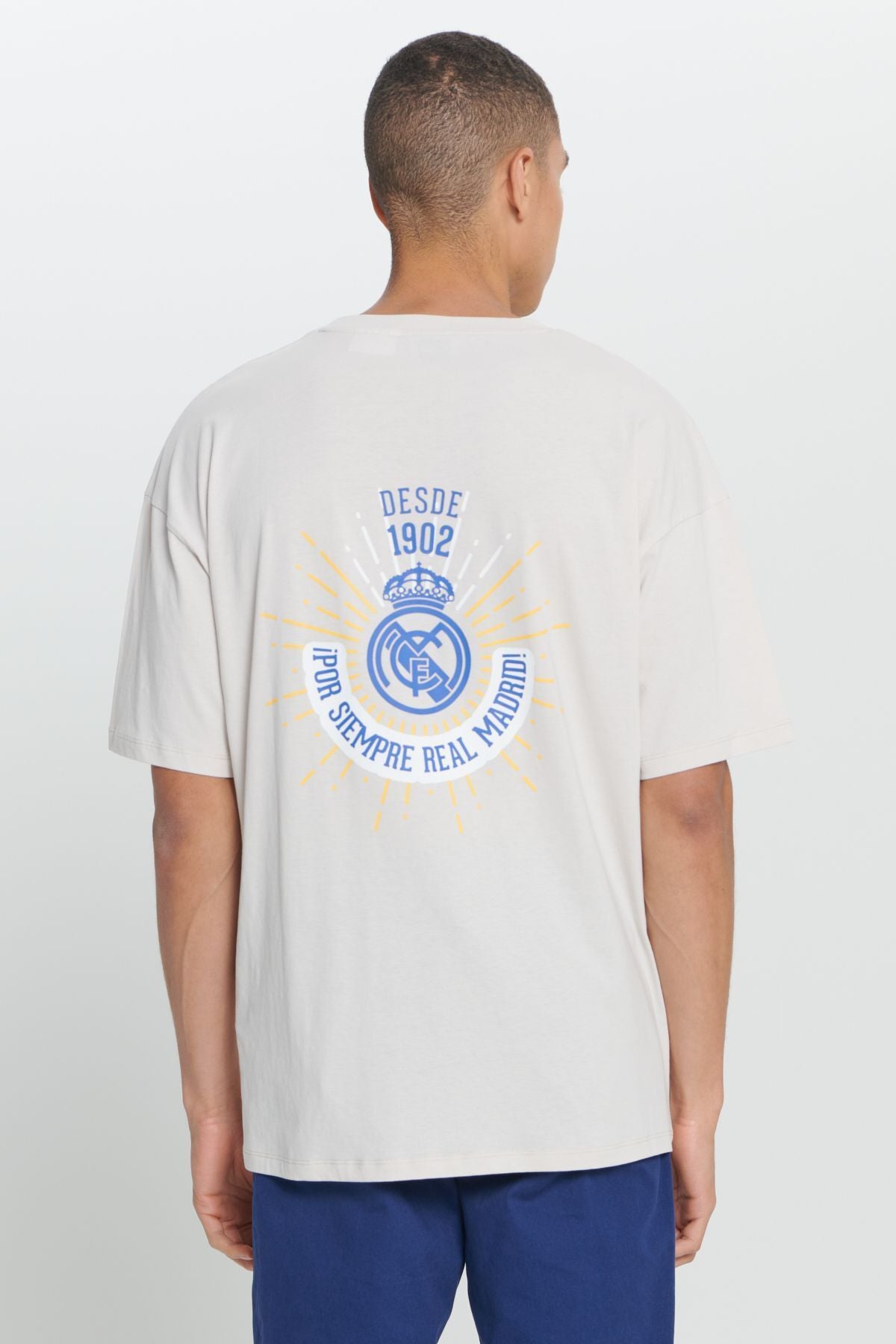 Male Light Beige Real Madrid Licensed Oversizle Fit Plenty Plenty 100 %Cotton Bicycle Collar T -shirt