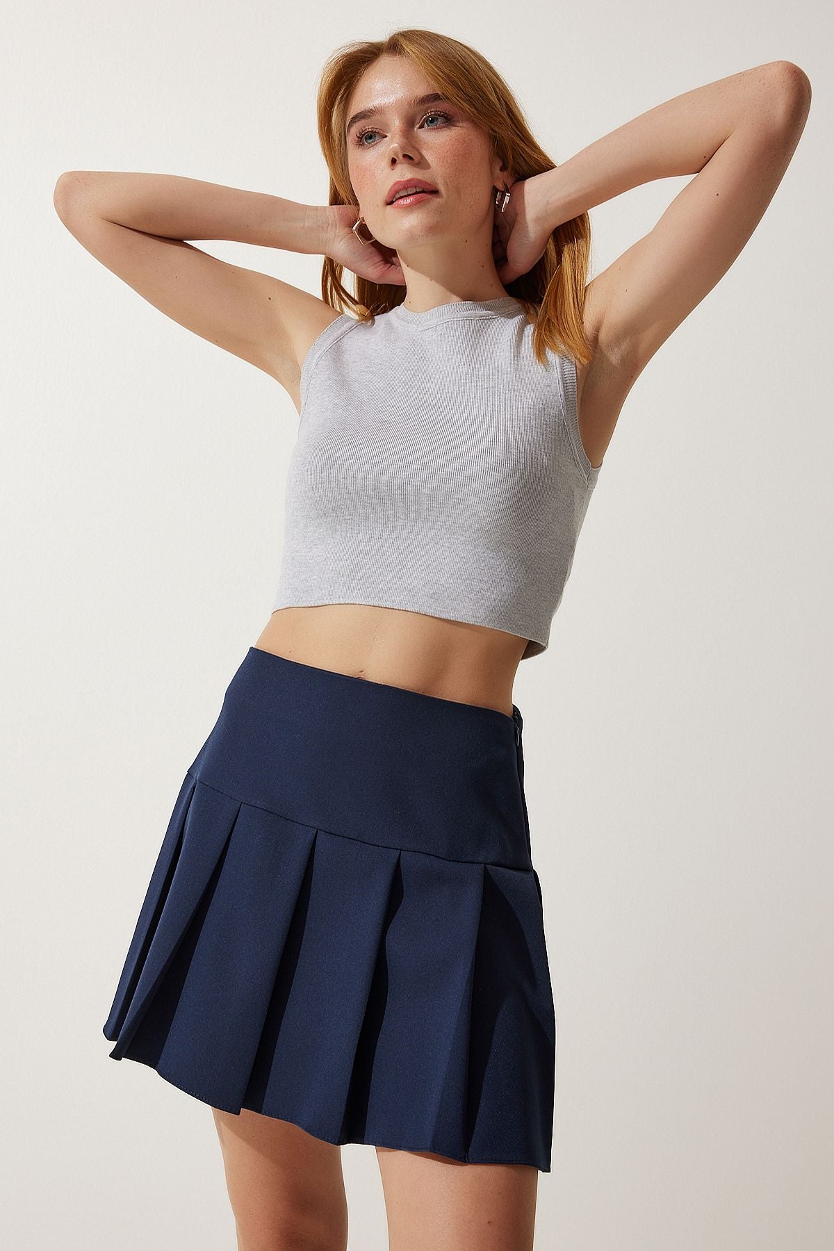 Female Navy Blue Pleated Mini Woven Skirt RV00158