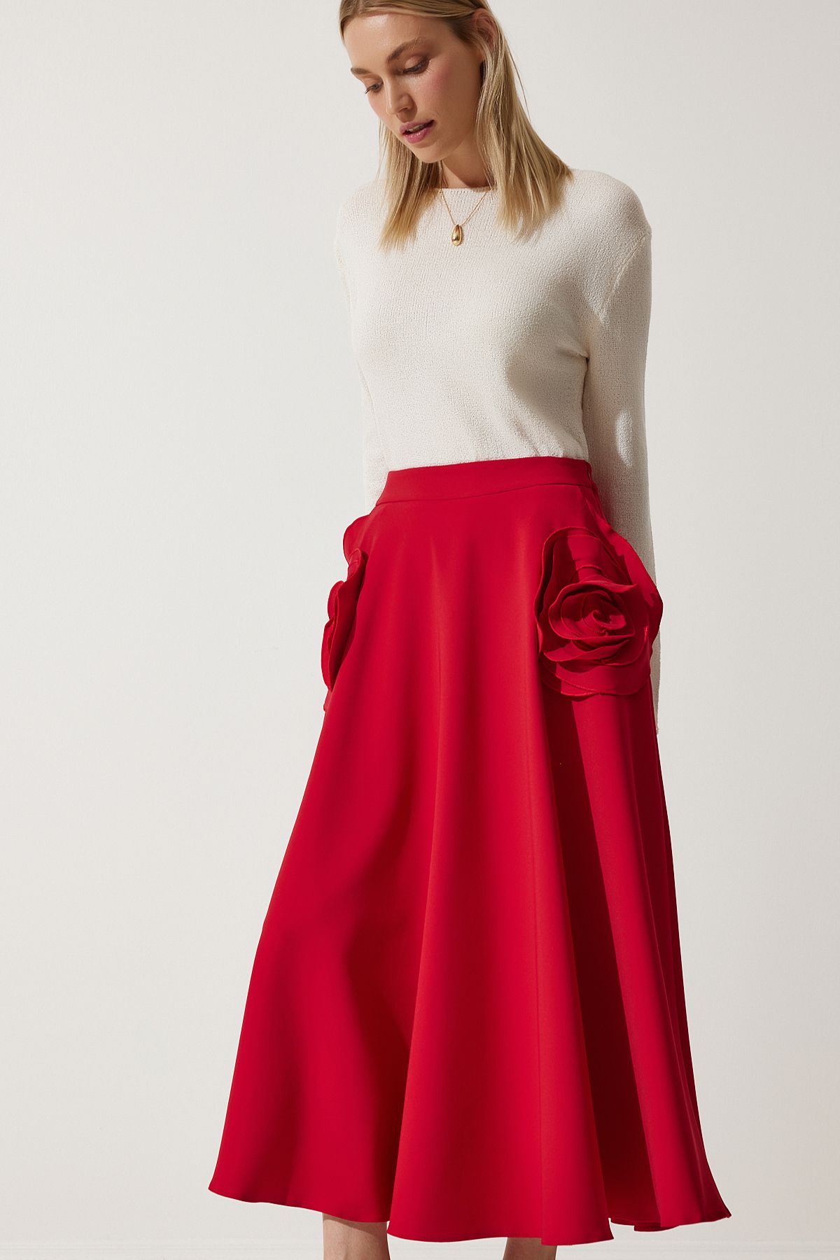 Female Red Rose Accessory Design Premium Midi Skirt FK00007