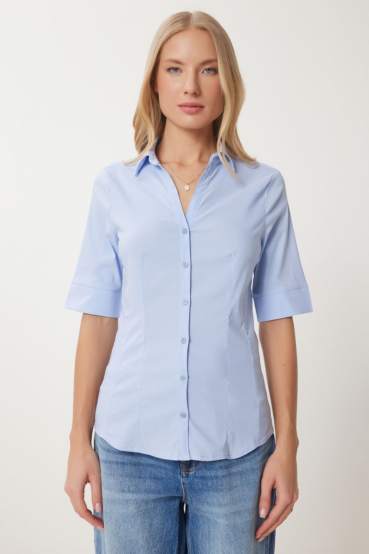 Woman Sky Blue Pence Basic Poplin Shirt WF00095
