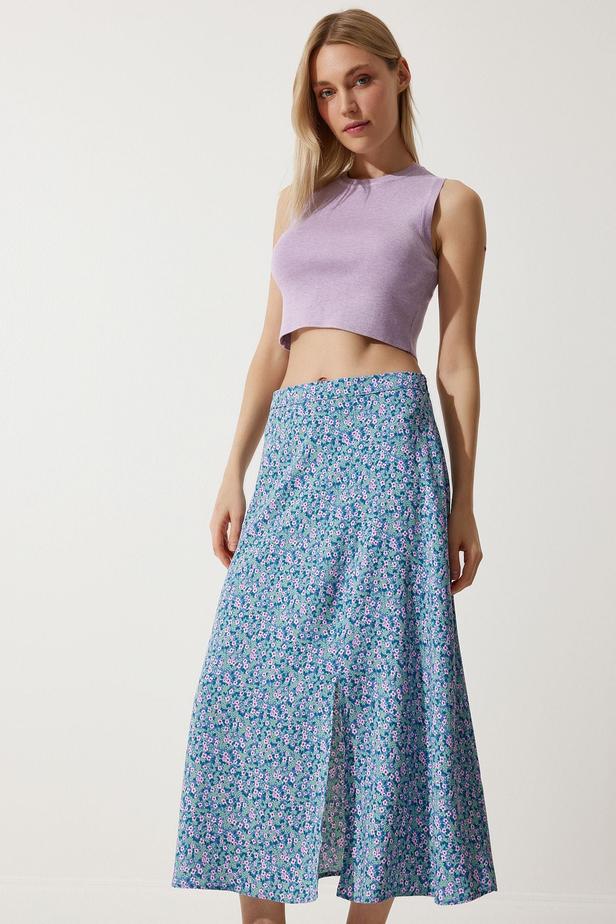 Woman Pink Blue Flower Swittish Summer Viscose Skirt MX00165