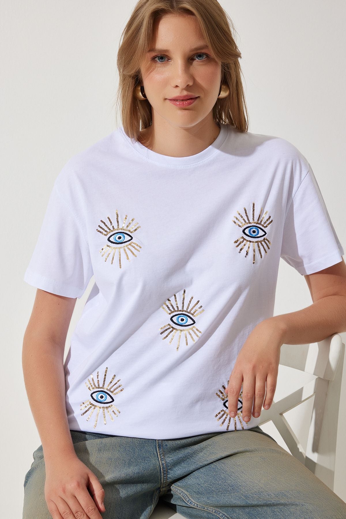 WOMEN WHITE SCREEN ENGLISH ENGLISE OVERSESSE COTTON KNITTED T-SHIRT MP00027