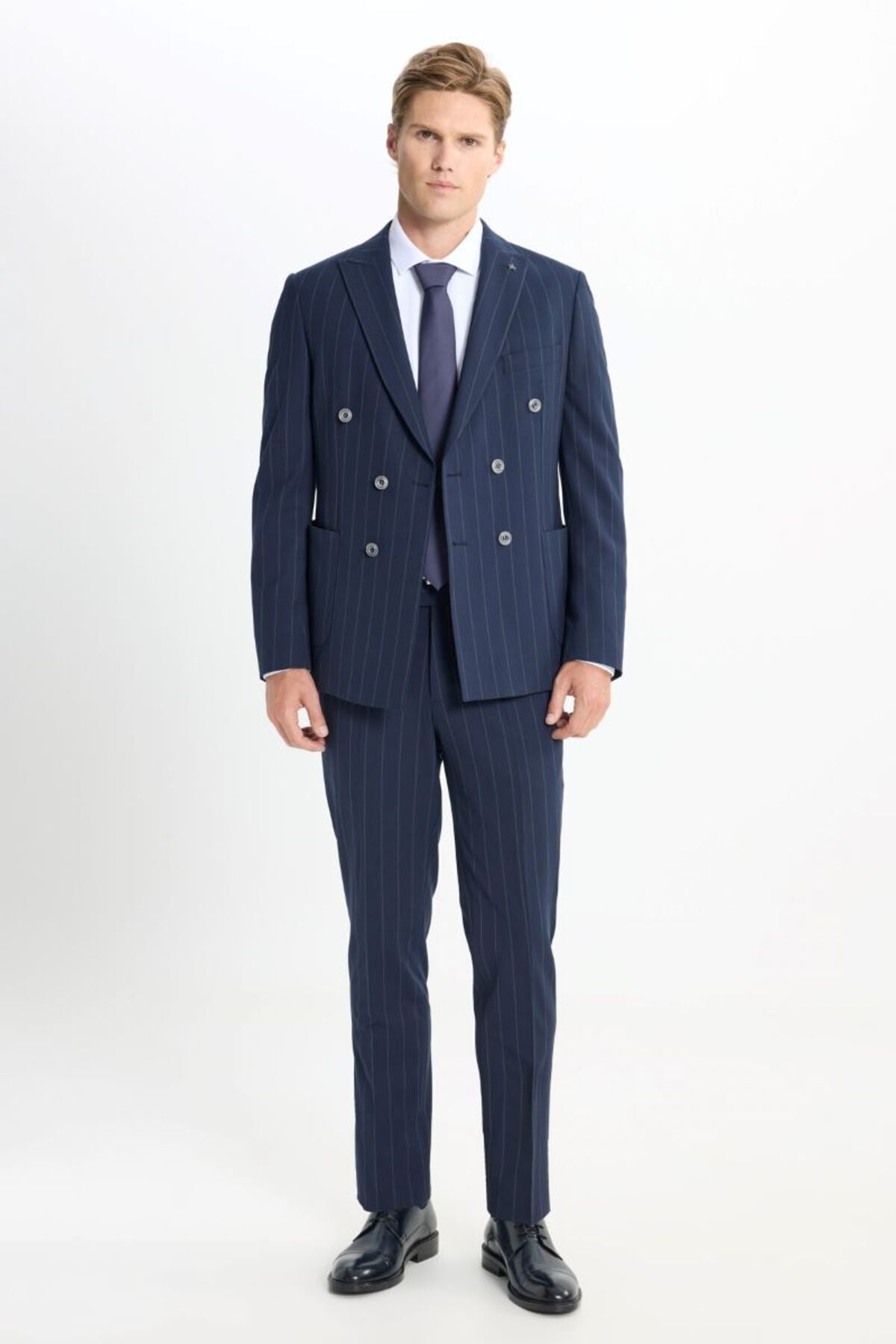 Slim fit narrow cut swallow collar striped cover pocket flexible navy blue-gray suit