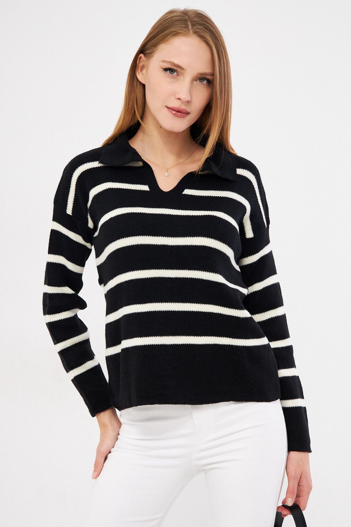 Female Black striped Polo Yaka Knitwear Sweater ARM-22Y012006