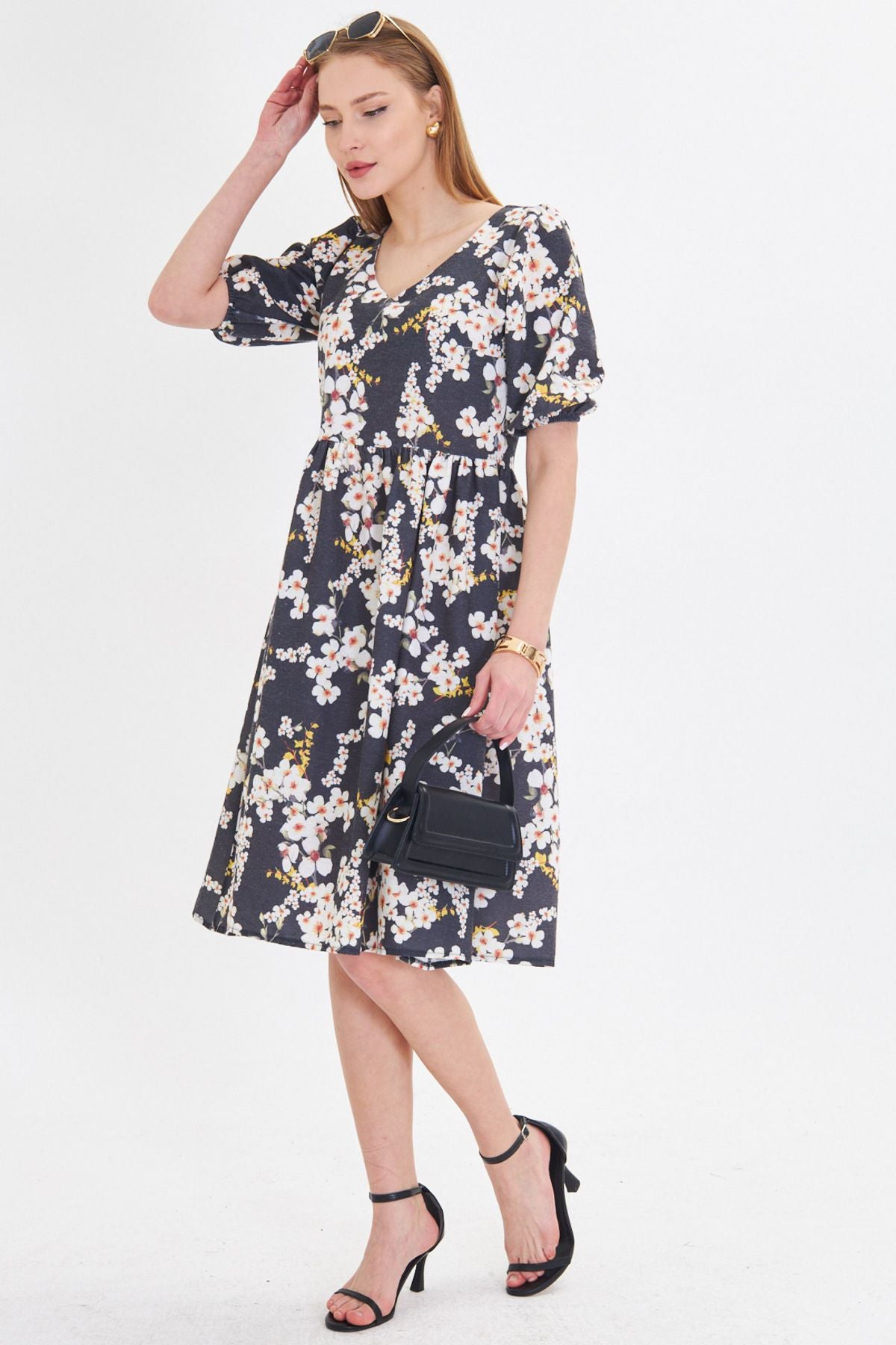 Woman Yellow U Yaka Alerts with rubber waist shirred midi size dress ARM-25Y001003