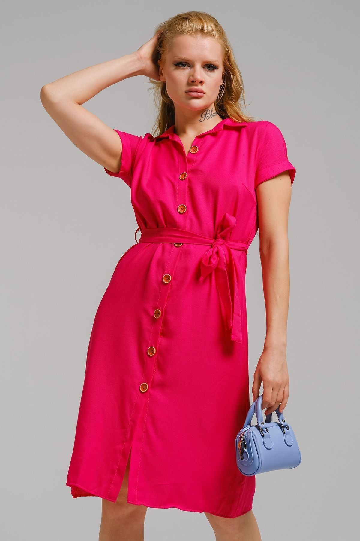 Women's Fuchsia Waist Belt Short Sleeve Shirt Dress ARM-19Y001068