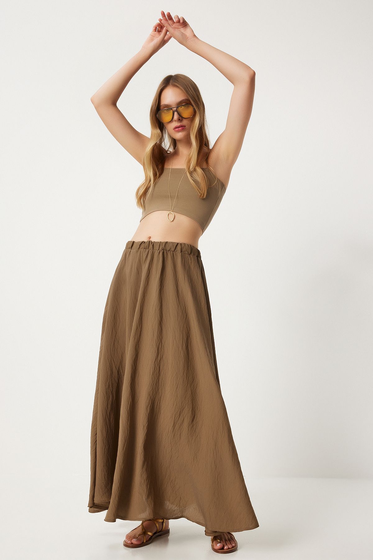 Women Khaki Flax Long Skirt with Linen Mixed DP00209