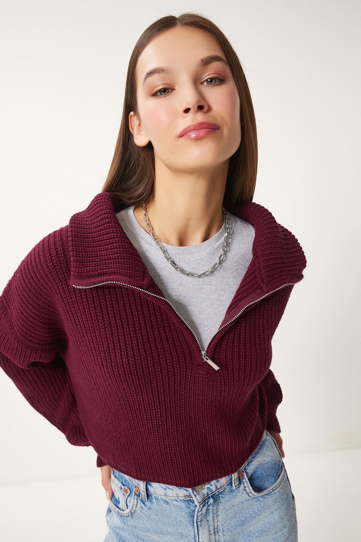 Female Bordeaux Zipper Fisherman Yaka Knitwear Kazakh MX00124