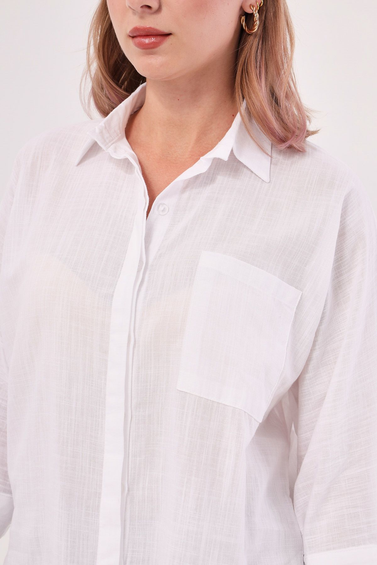 Women's white pocket shabby linen shirt ARM-21Y001035