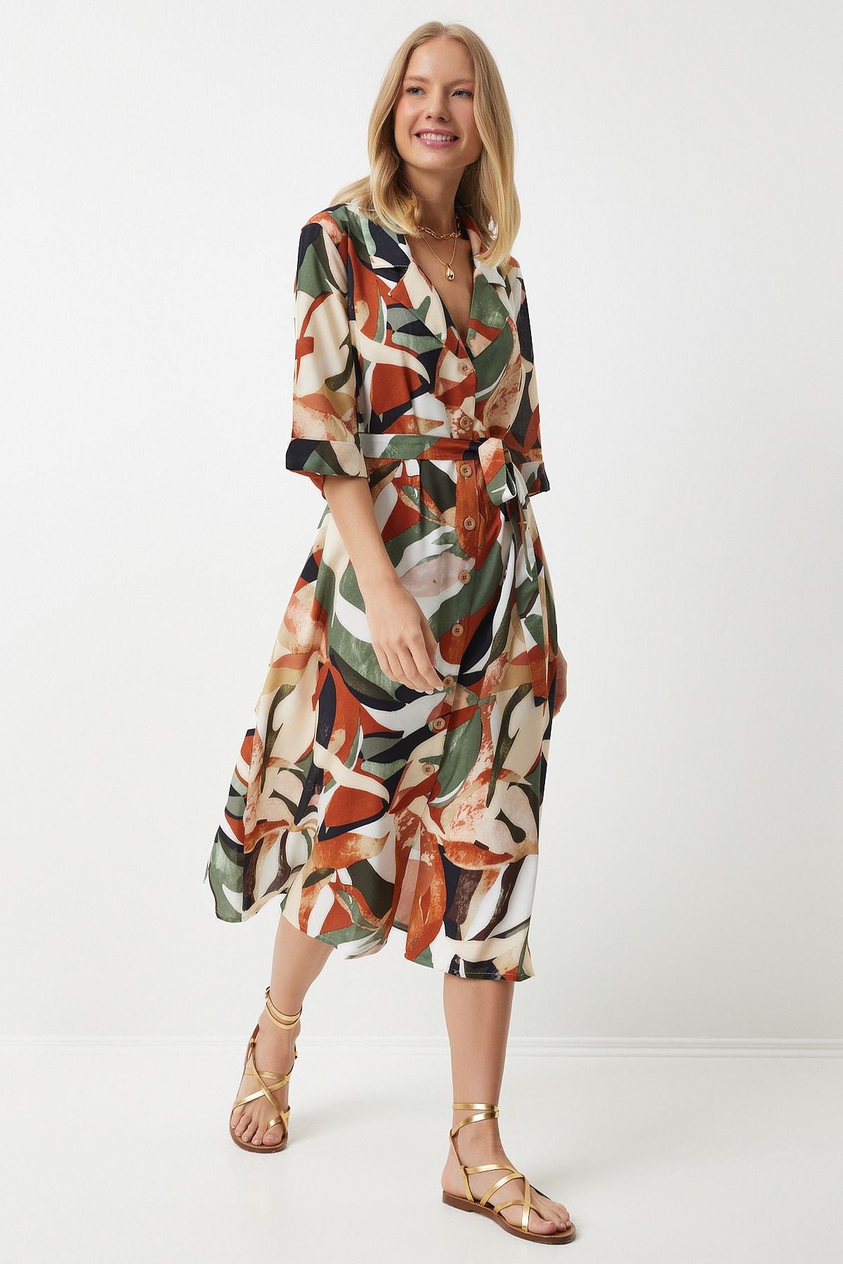 Female Khaki Tile Patterned Summer Viscose Shirt Dress MX00166