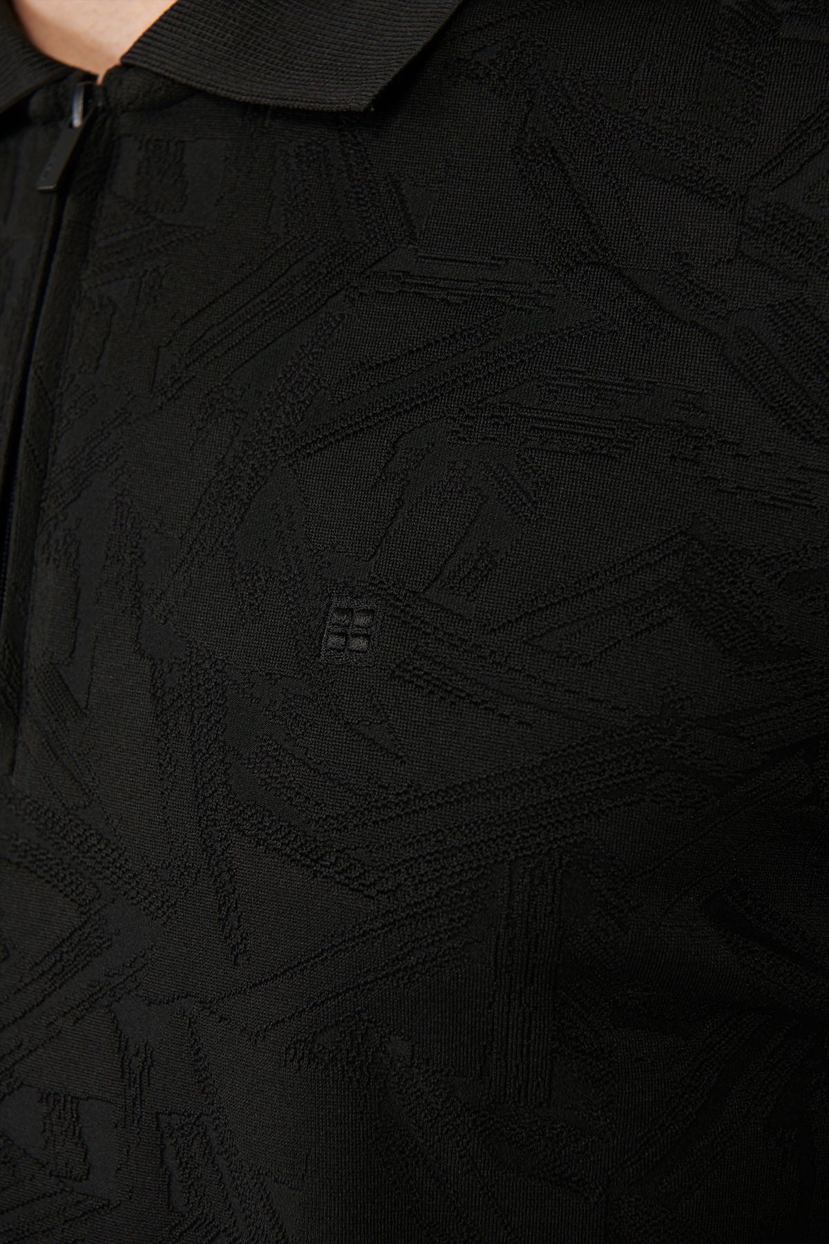 Men's Black Zipper Jacquard Polo Yaka T-shirt A41y1118