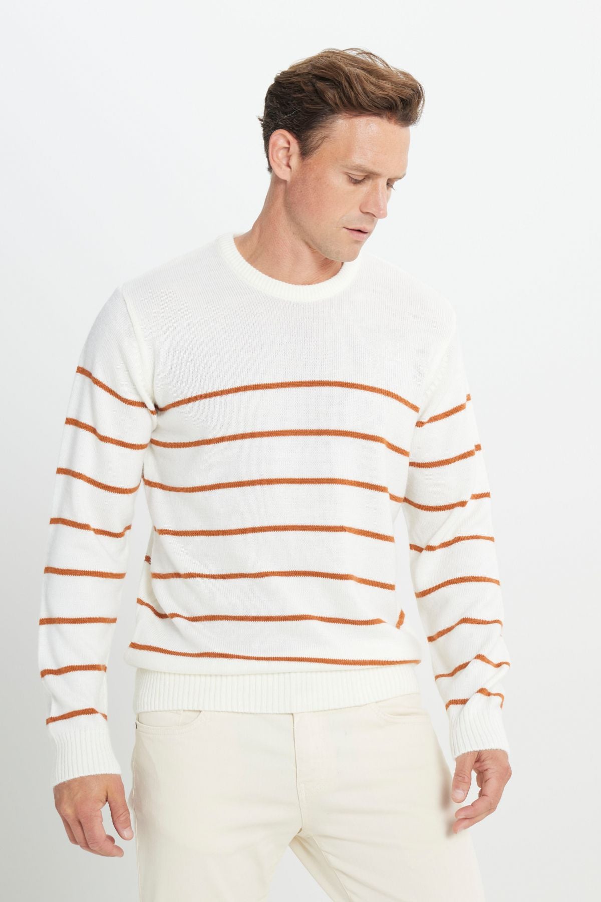 Men's Ecru-Karamel Standard Fit Normal Cut Normal Cycling Bicycle Yaka striped knitwear sweater