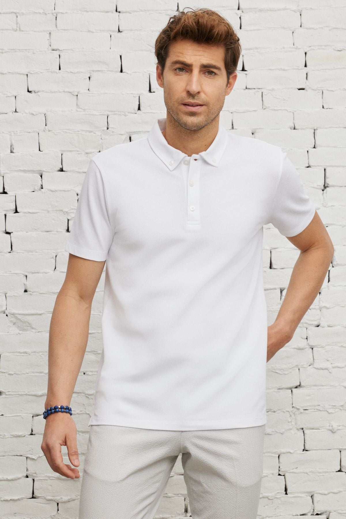 Erkek Beyaz Slim Fit Dar Kesim Polo Yaka Pamuklu Tişört