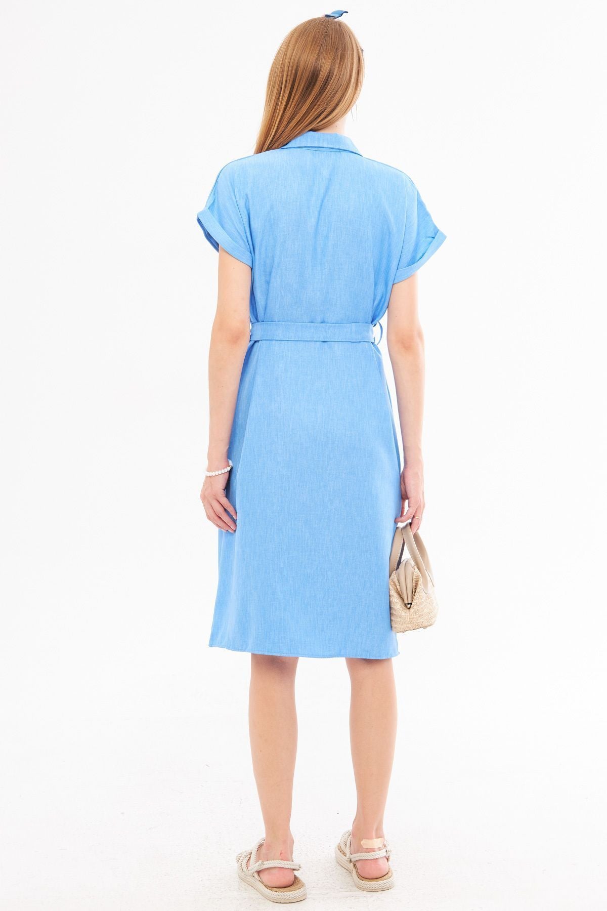 Woman Light Blue Linen Looking Waist Belt Short Sleeve Shirt Dress ARM-24Y001084