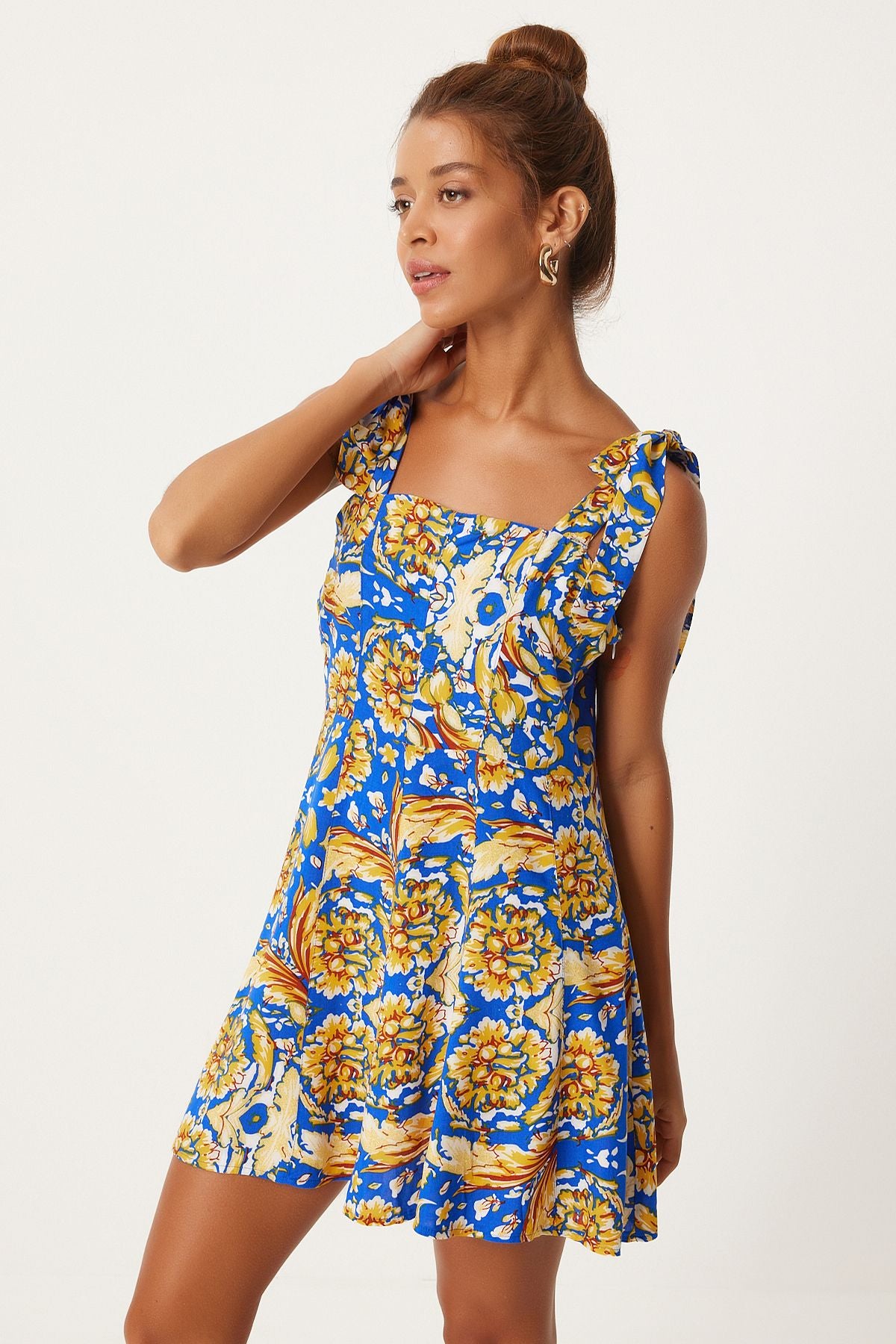 Female Blue Yellow Thick Standed Summer Mini Viscose Dress FN03238