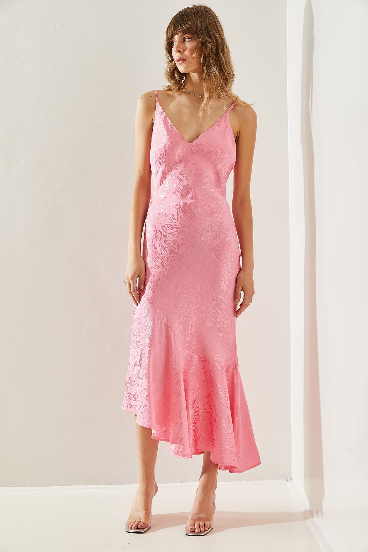 Female rope strap Satin jacquard asymmetric skirt tip midi size dress 60251227
