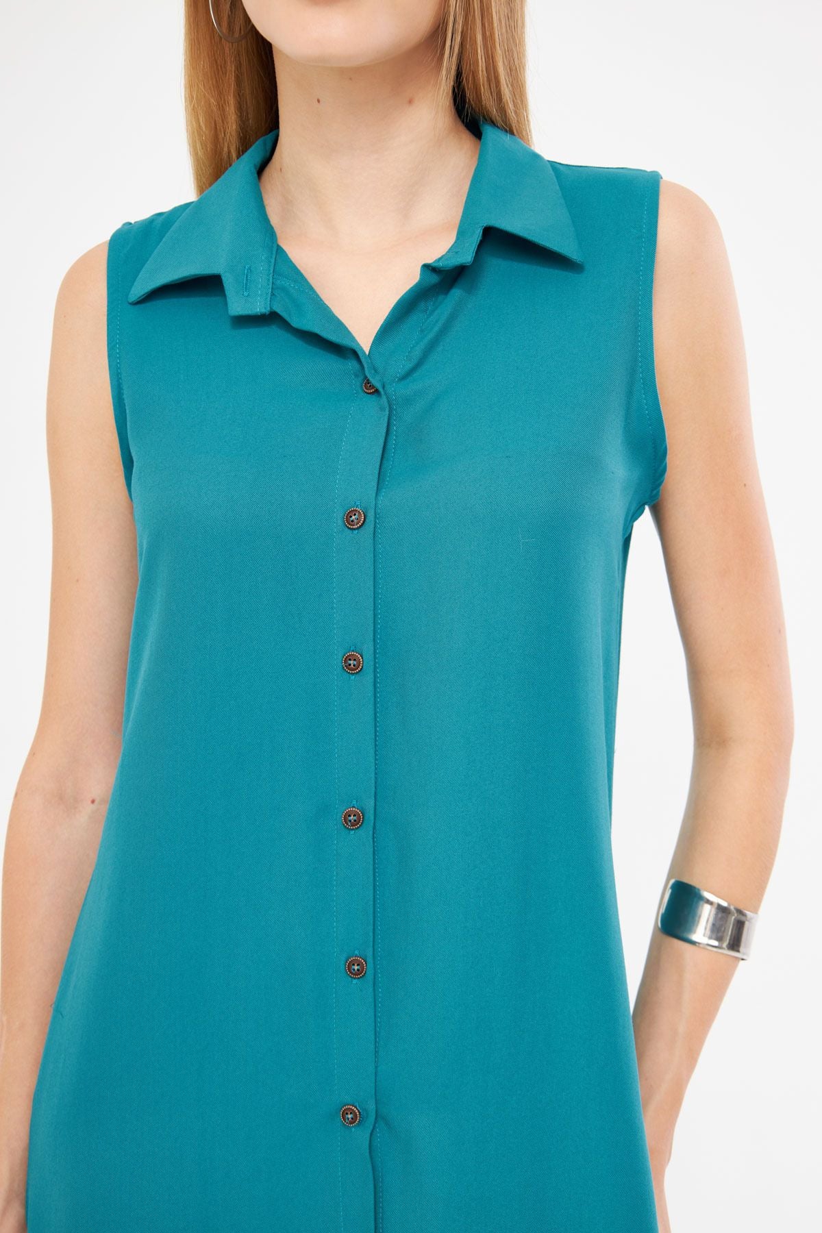 Female turquoise collar buttoned dress ARM-17Y00028