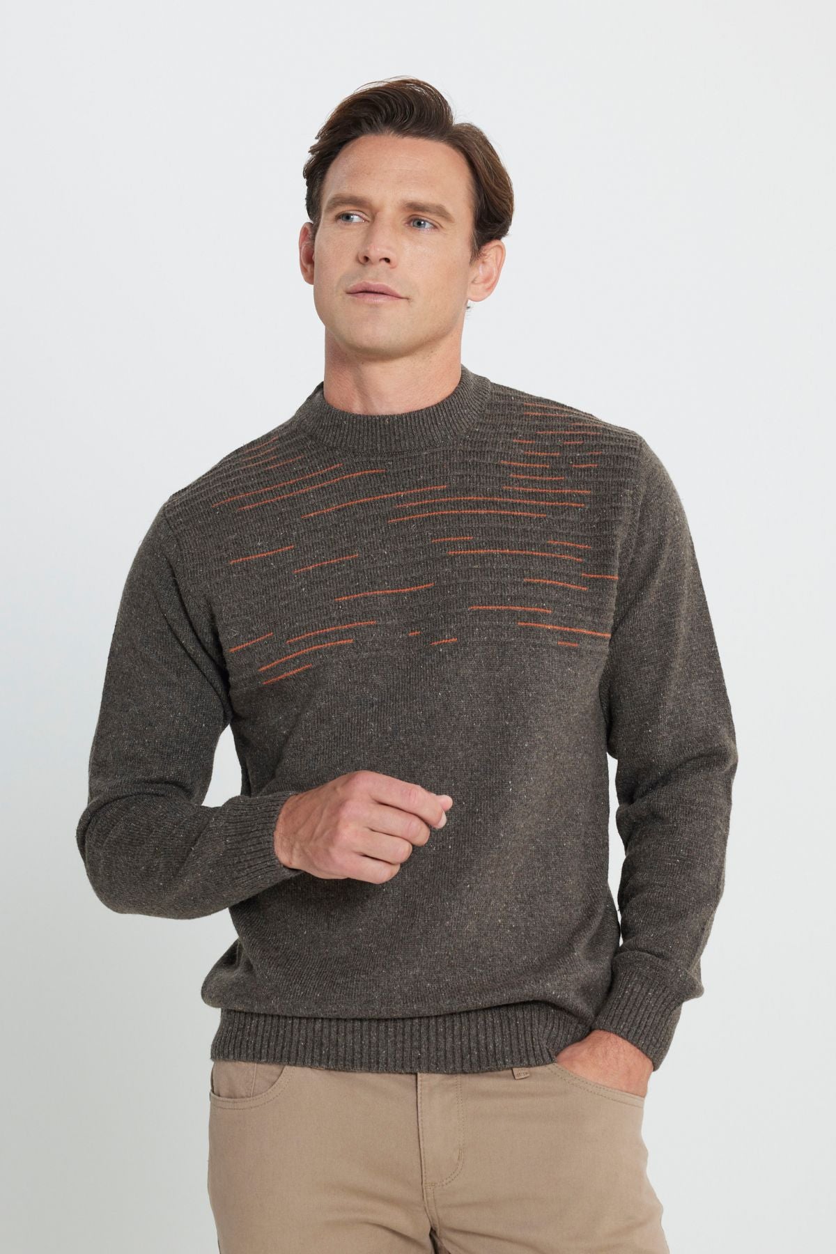 Men's milk coffee-orange standard Fit Normal Cut Half Fisherman Yaka Knitwear Sweater