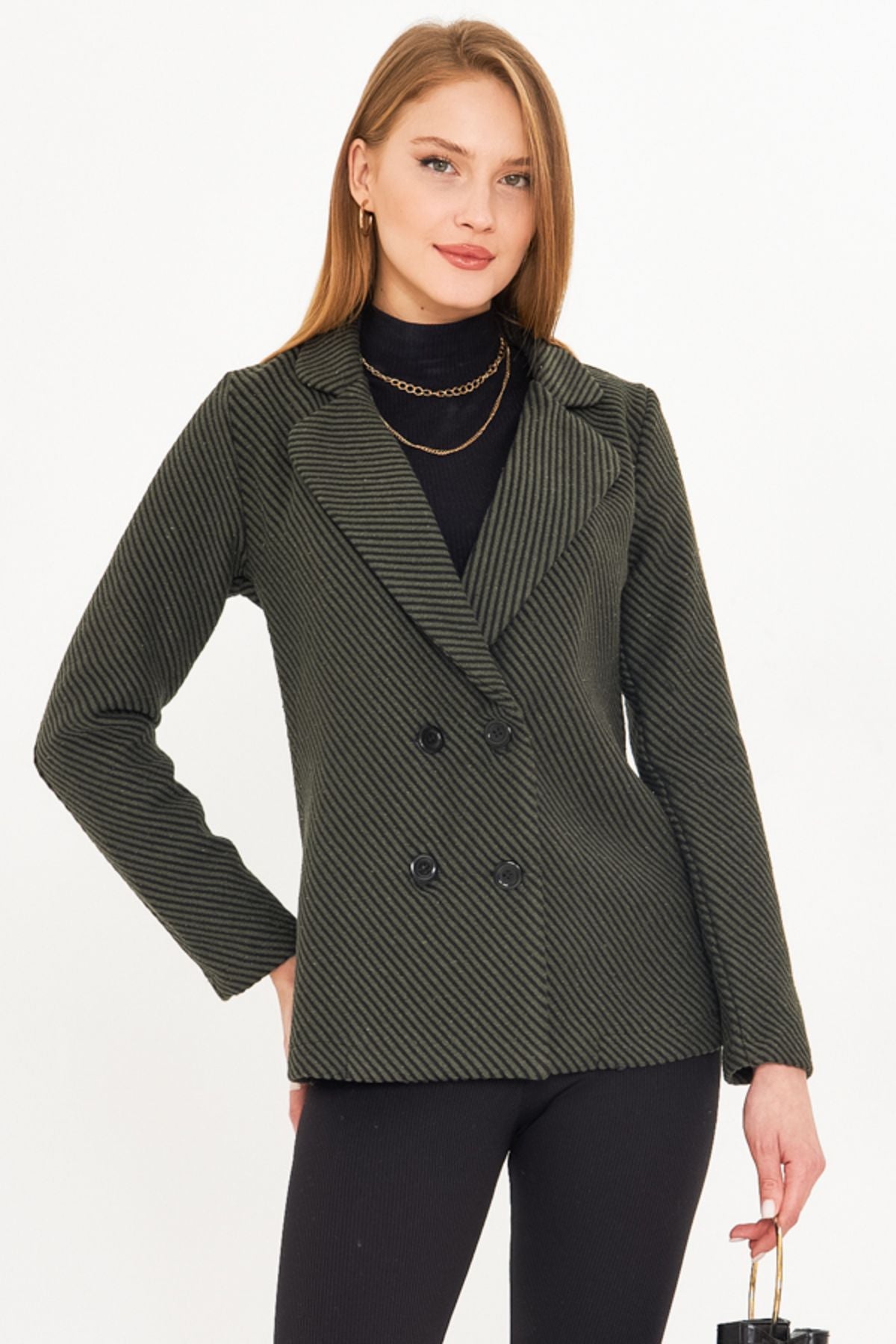 Four buttoned stamp jacket with female khaki line pattern ARM-24K001037