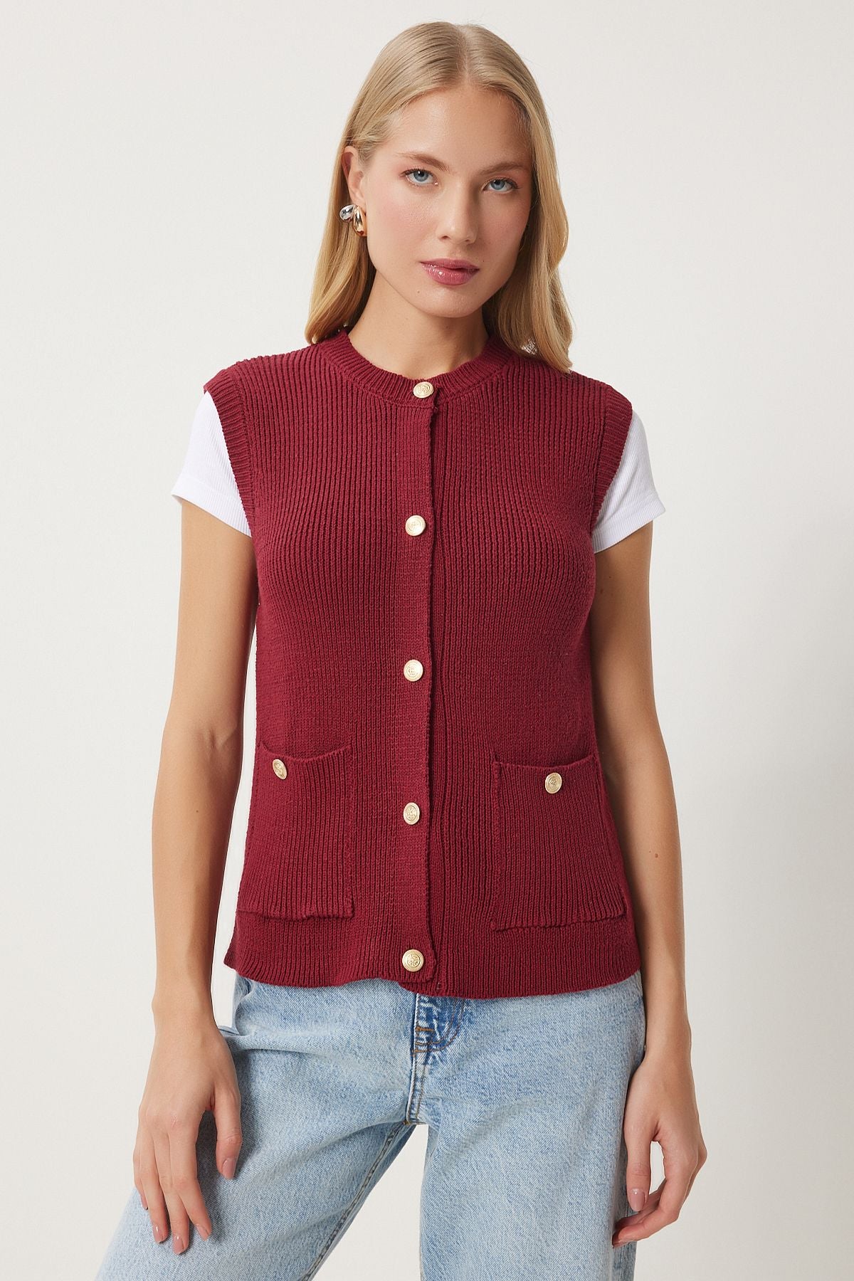 Women's Bordeaux Stylish Button Pocket Triko Vest US00948