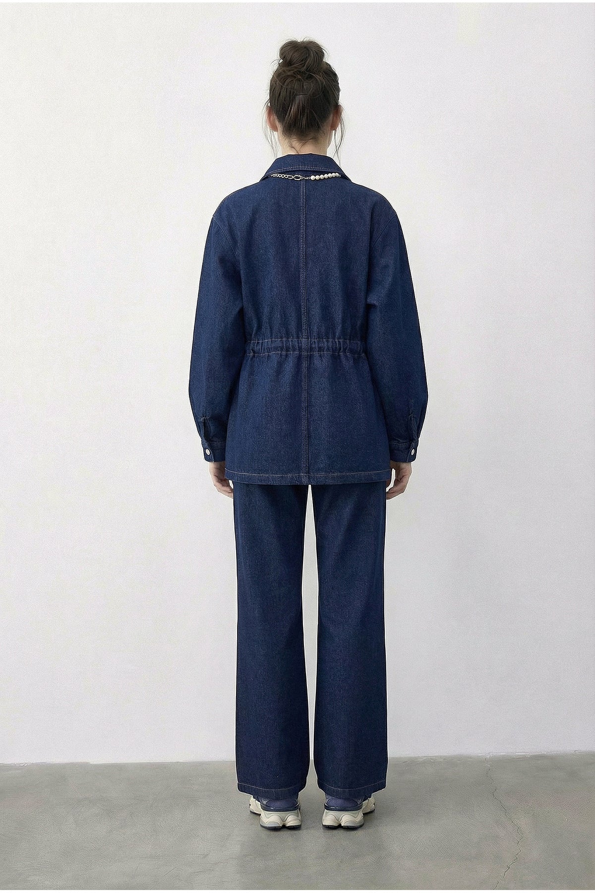 Women's Zippered Waist Tie Pocket Detailed Denim Bottom-Top Set 60597 60286011