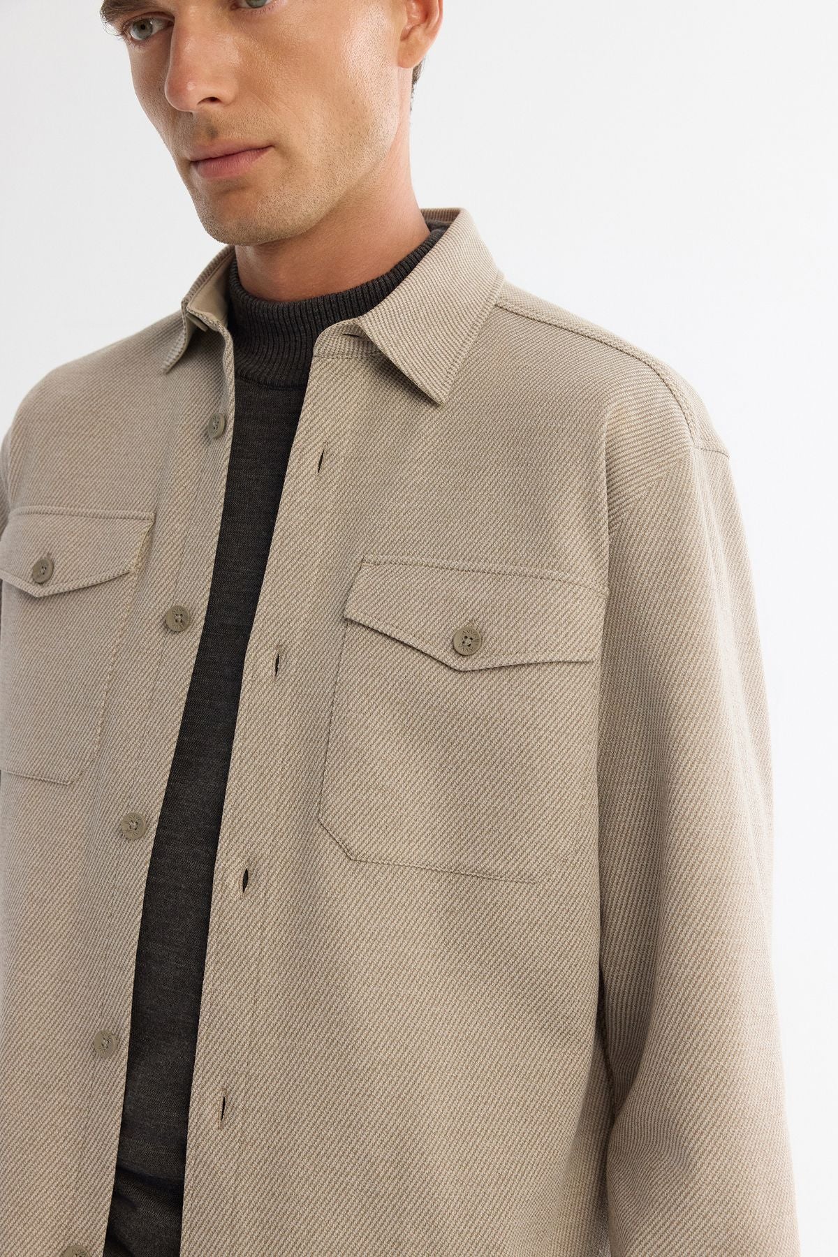 Men's Beige Classic Collar Diagonel Shirt Jacket A42Y2015