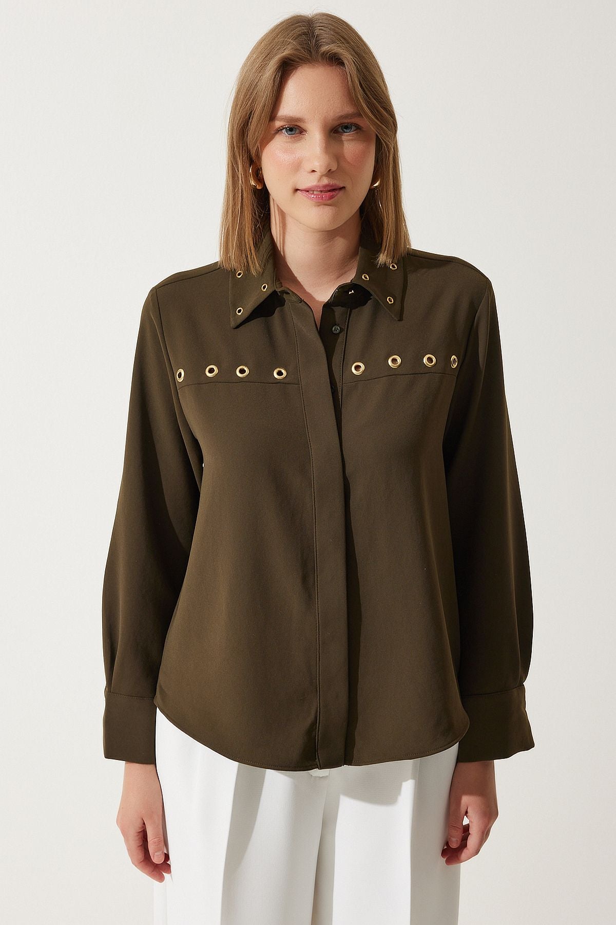 Woman Dark Khaki Bird Eye detailed weaving shirt HK00037