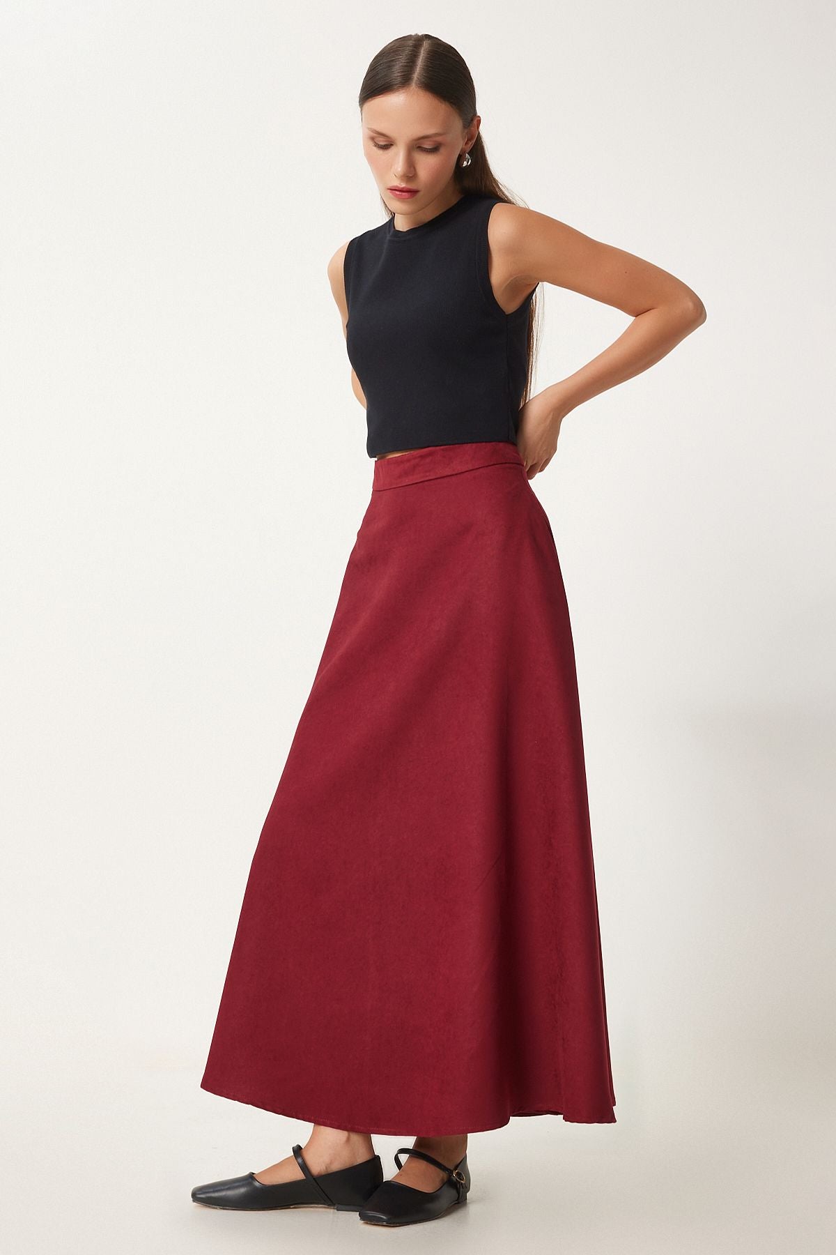Female Bordeaux Pocket Jacquard Süet Kloş Skirt RG00045