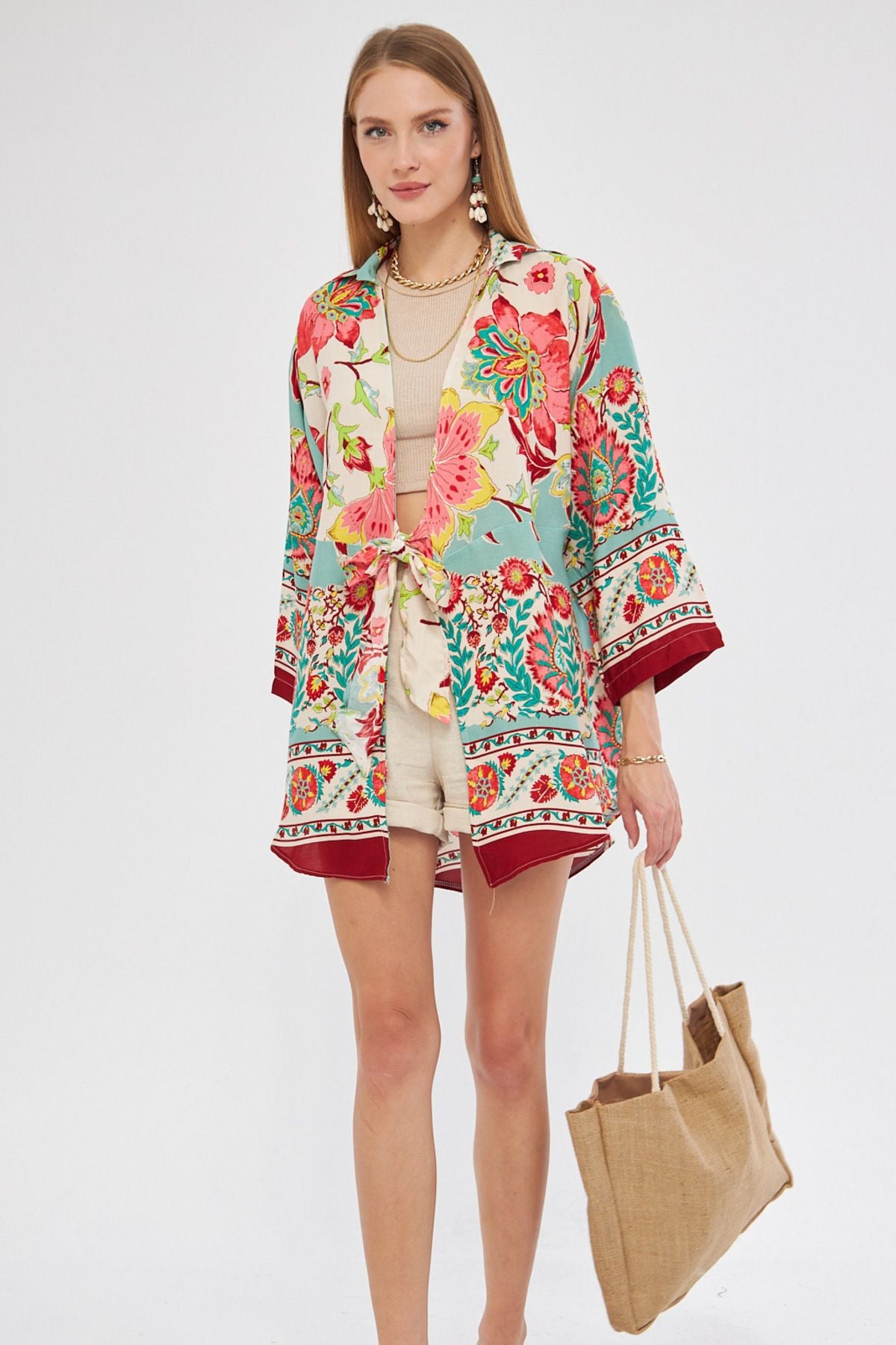 Female Bordeaux Patterned front-binding kimono shirt ARM-24Y001080