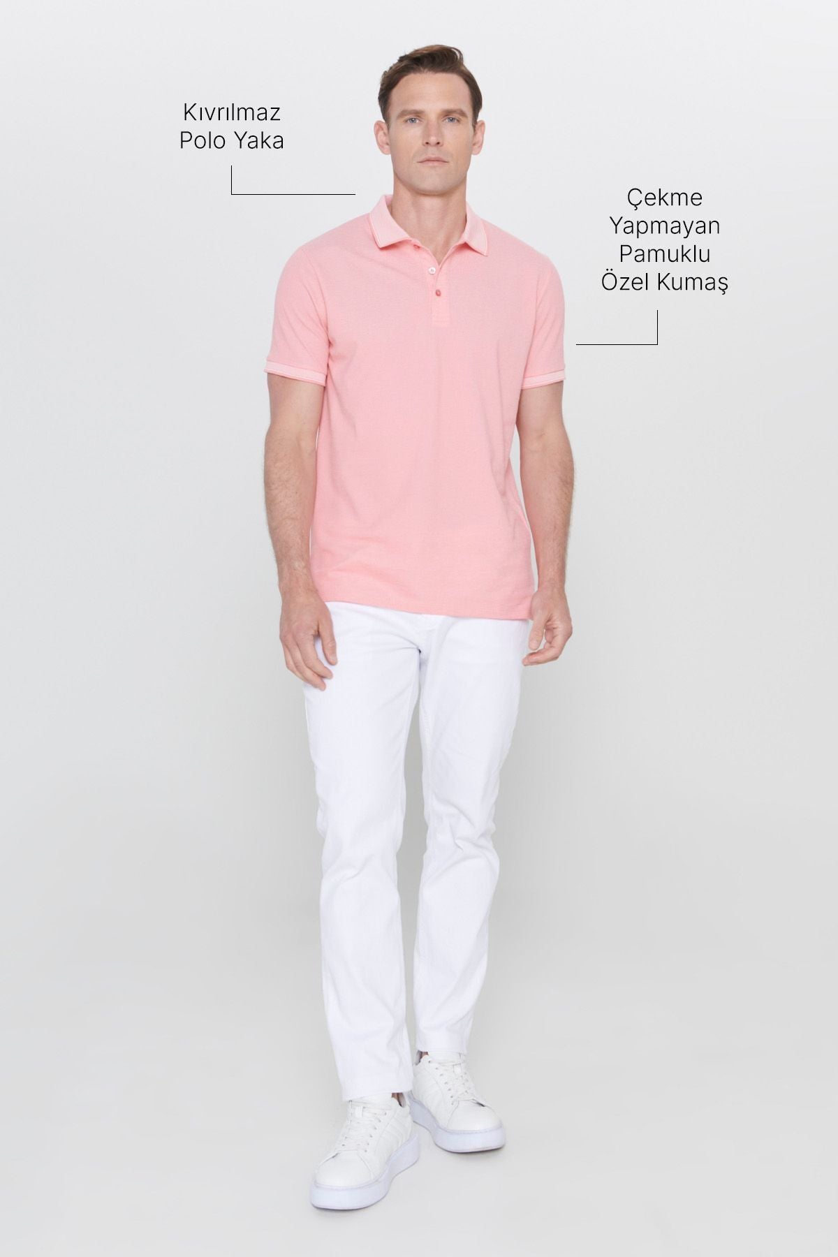 Men-Plugging Cotton Fabric Slim Fit Narrow Cut Pink-White Curlled Polo Yaka T-shirt