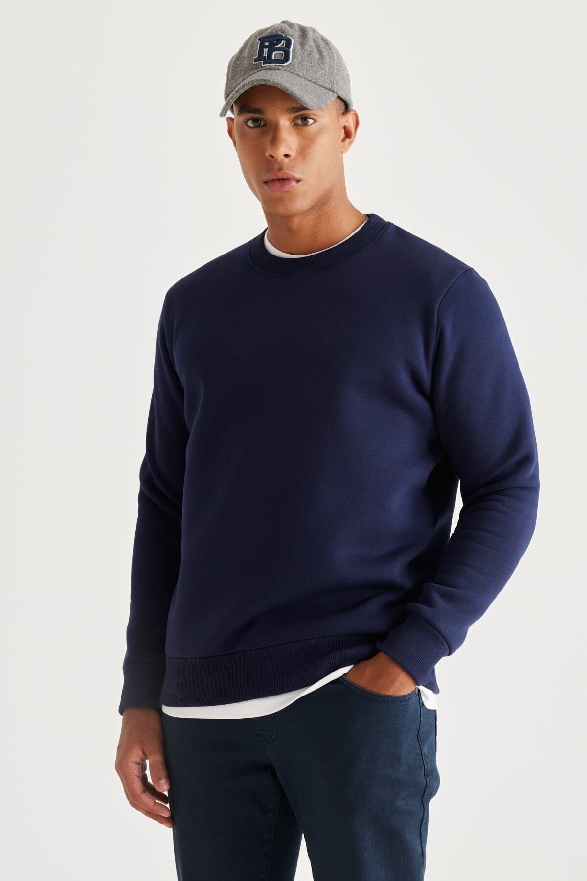 Men's navy blue standard fit Normal Cut Içi polar 3 IP bicycle collar cotton sweatshirt