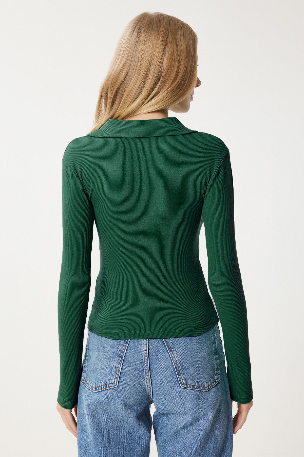 Female Green White 2 Polo Polo Yaka Wick Knitting Blouse GT00232