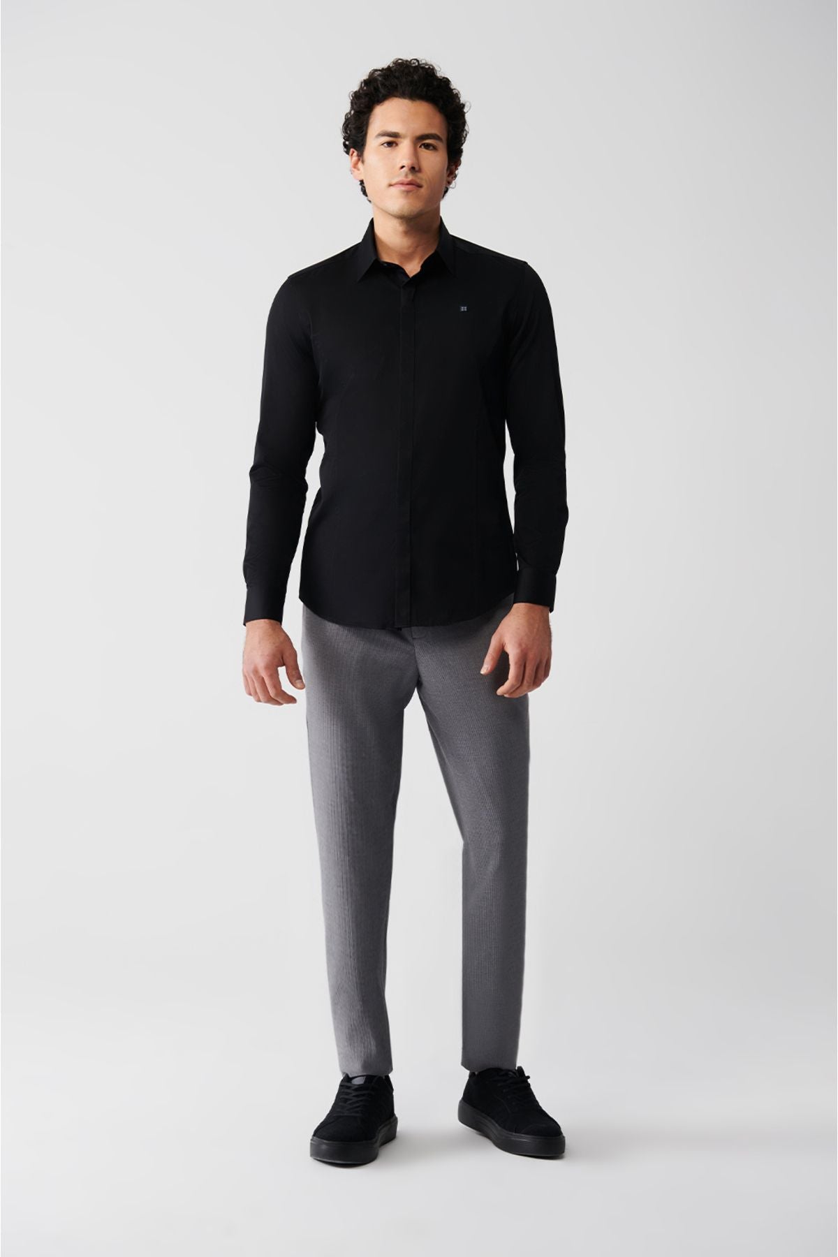 Men's black 100 %cotton classic collar satin shirt B002002