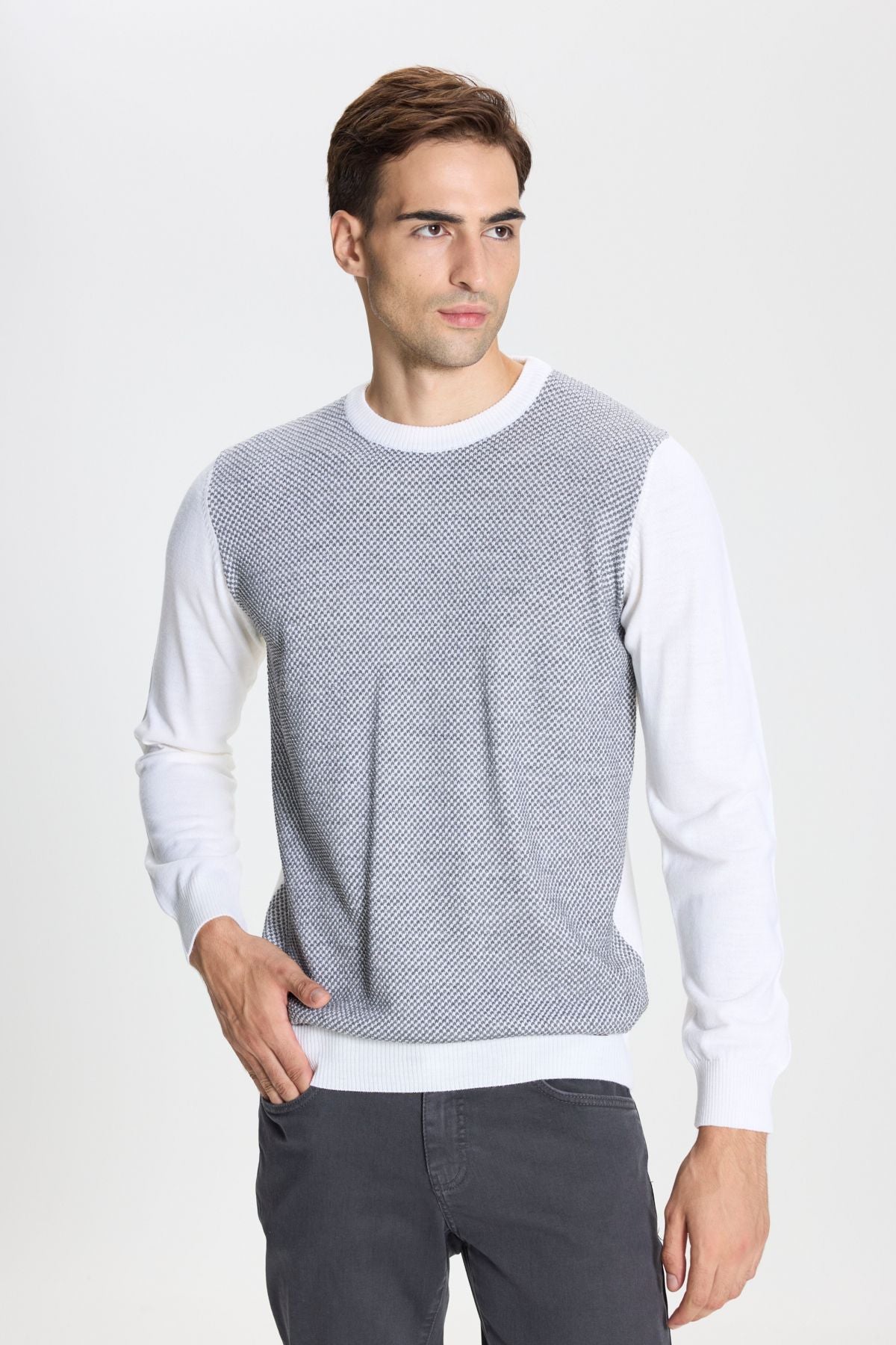 Men's ecru-gray standard fit Normal Cut Bike Cycling Jacquari Knitwear Sweater