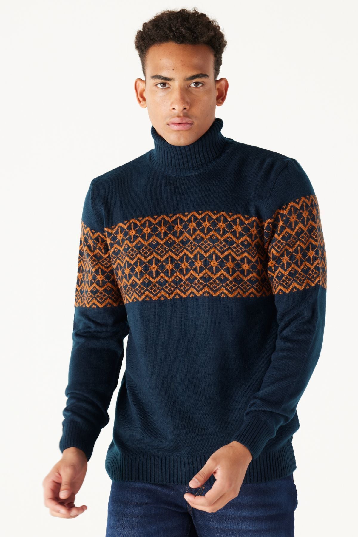 Men's Navy Blue-Cycle Standard Fit Normal Cut Fisherman Yaka Zigzag Patterned Knitwear Kazakh