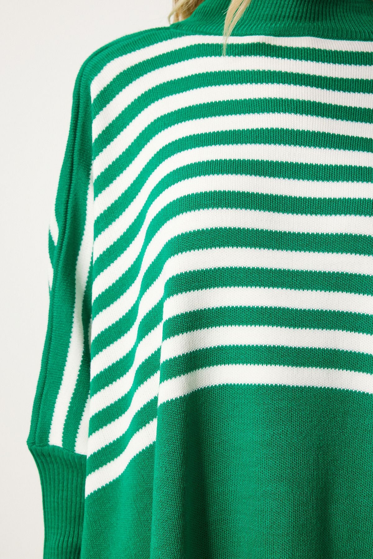 Women's Green Striped Side Slit Oversiz Pancho Sweater DD01336