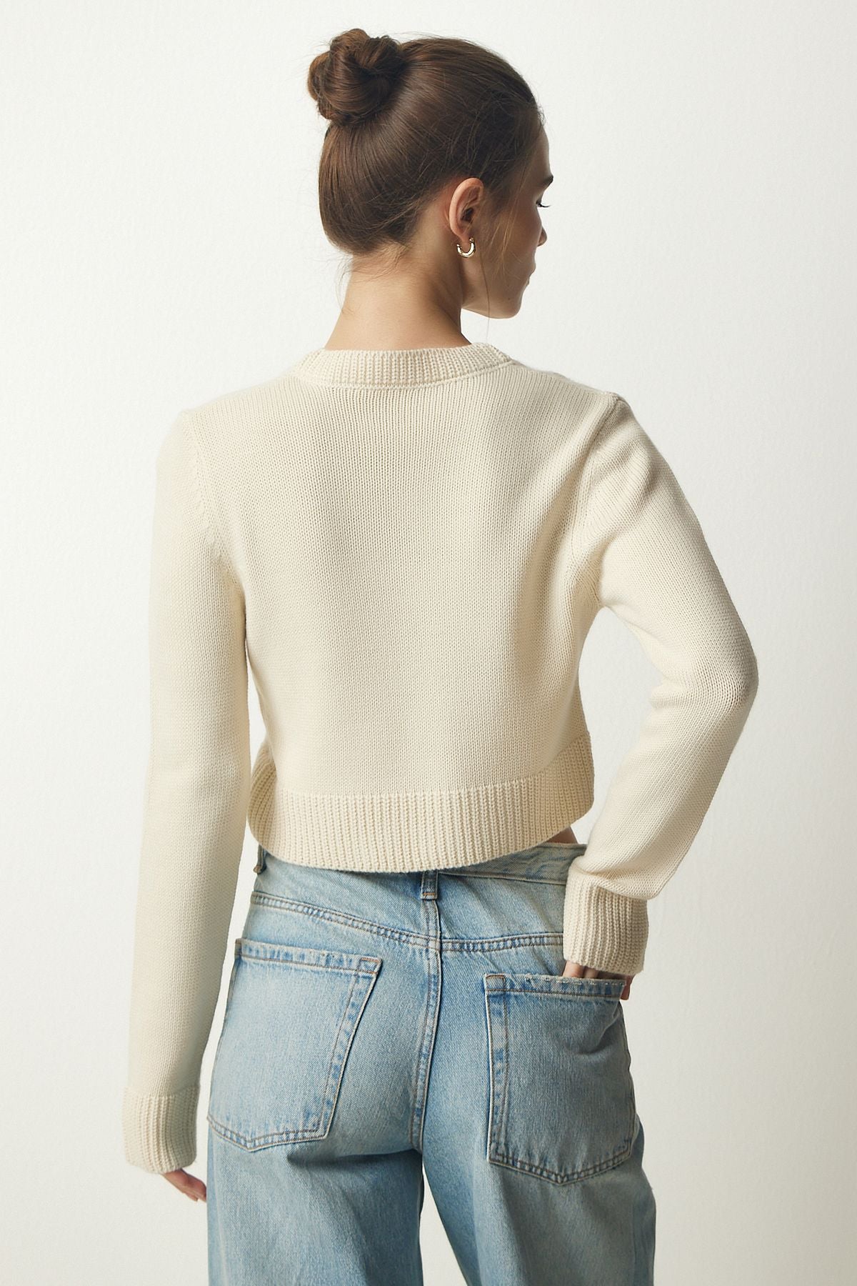 WOMEN'S CREAM V YAKA CROP Triko Sweater PF00040