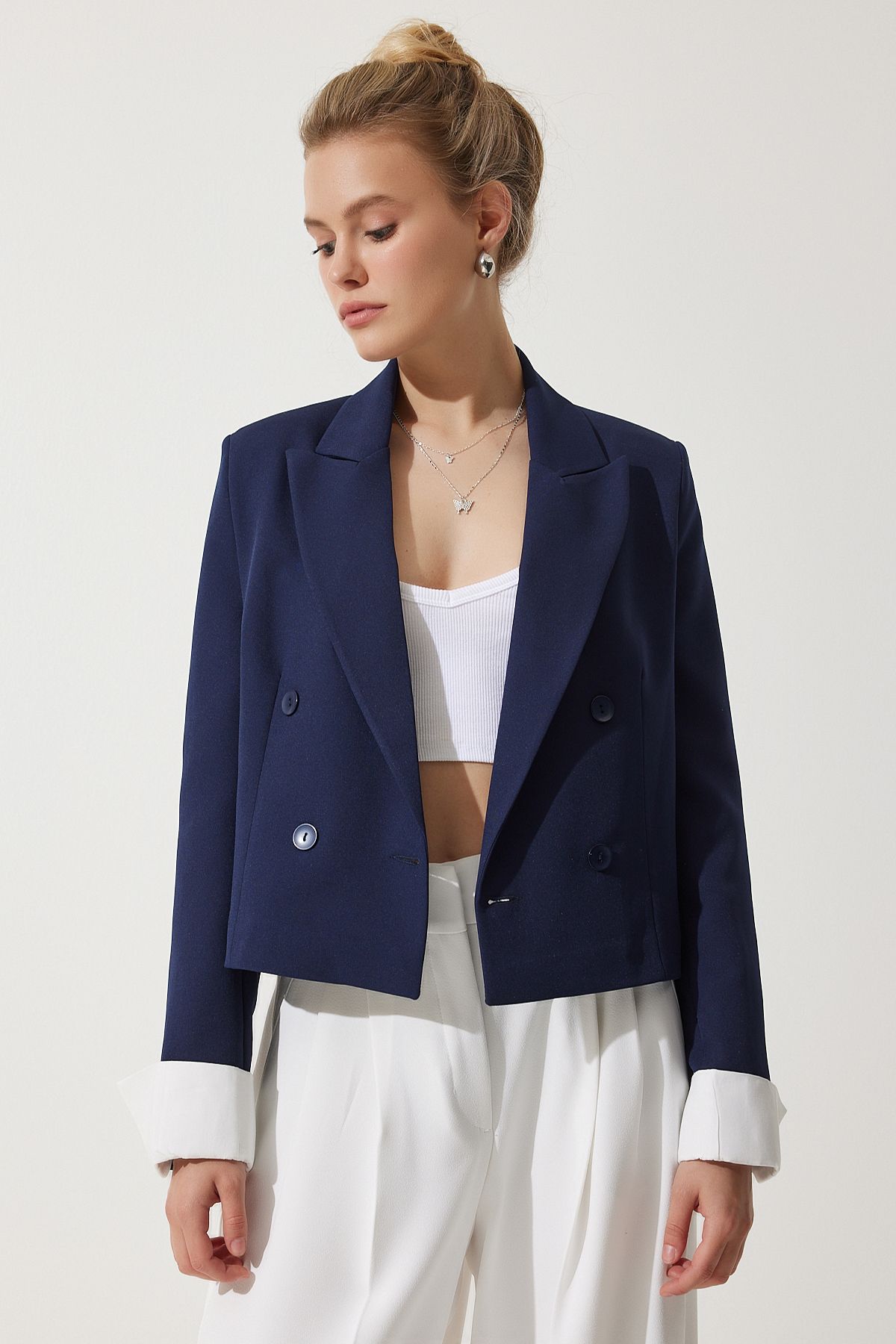 Woman Navy Blue Contrast Cuff with Short Blazer Jacket WF00070