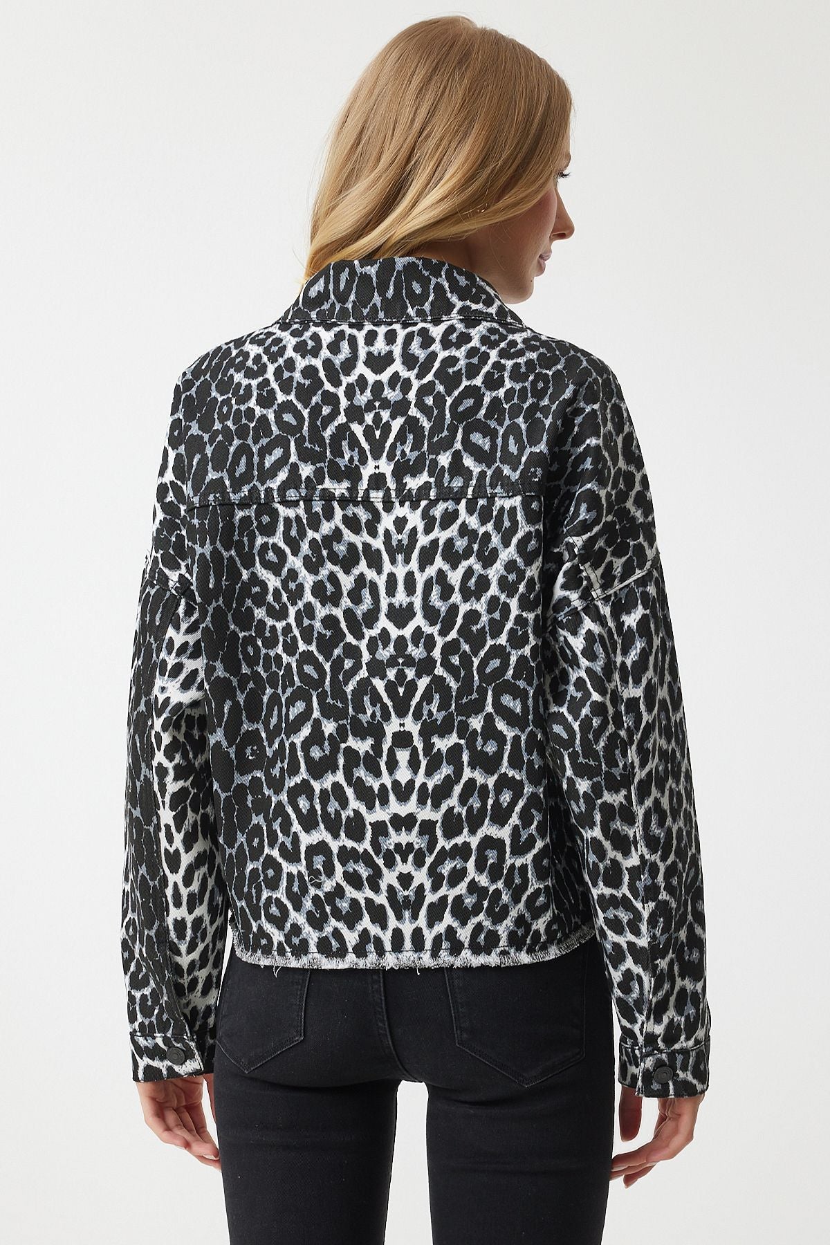 Female Black Ecru Leopard Patterned Denim Jacket VC00007
