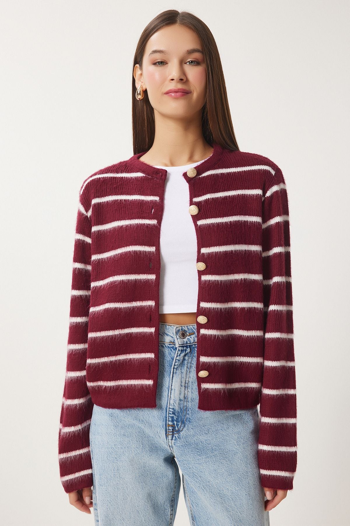 Woman Bordeaux Bone Stylish button striped knitwear cardigan PF00051