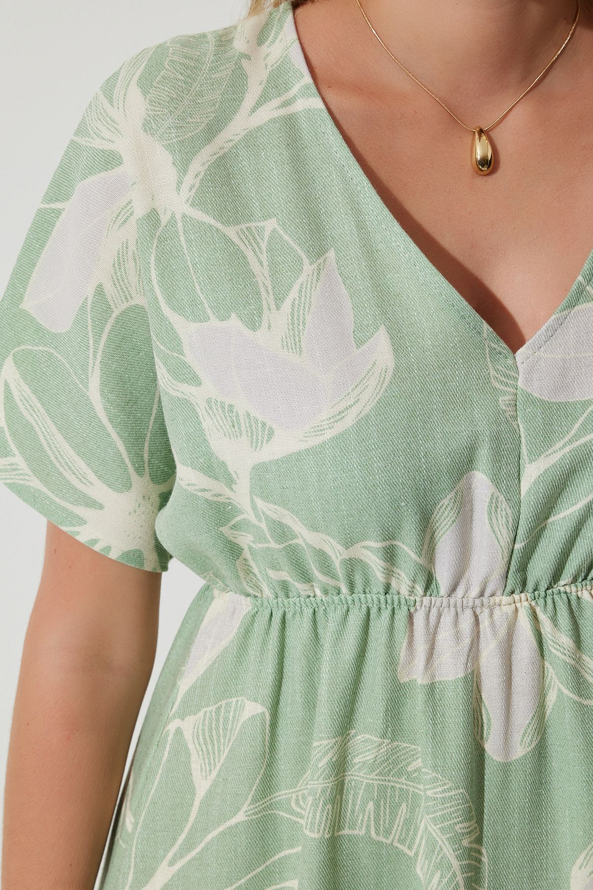 Women's Cagla Green Tropic Patterned Summer Raw Linen Dress BP00156