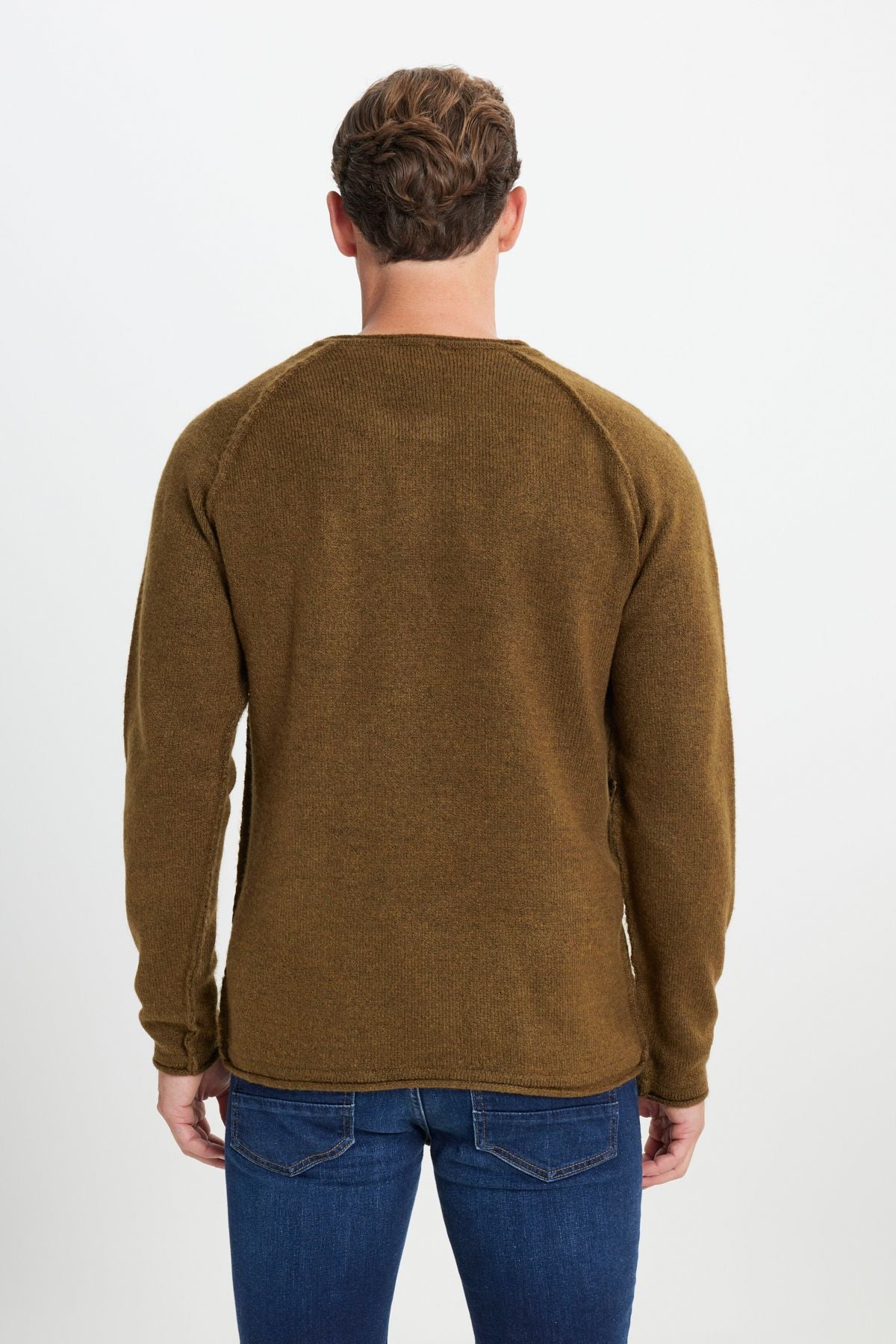 Men's Khaki Standard Fit Normal Cut Bicycle Collar Soft textured knitwear sweater