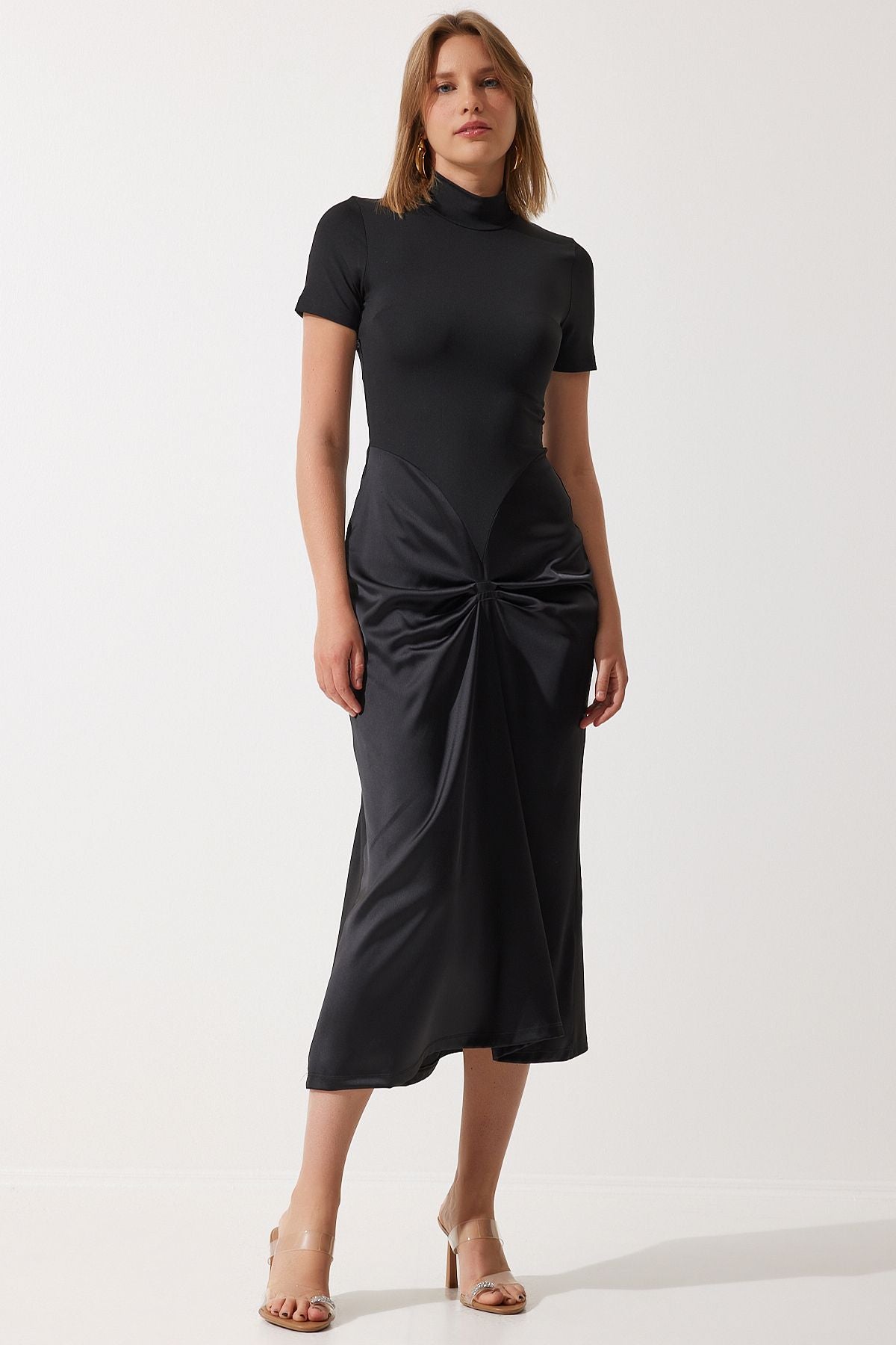 Female Black Shirred Satin Detailed Stylish Knitting Dress KJ00011