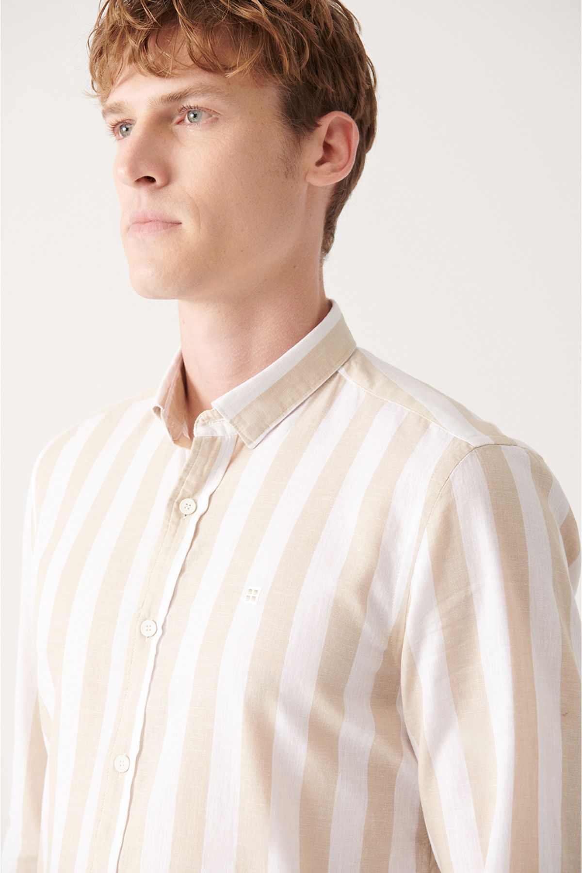 Men's beige cotton linen striped shirt A31y2217